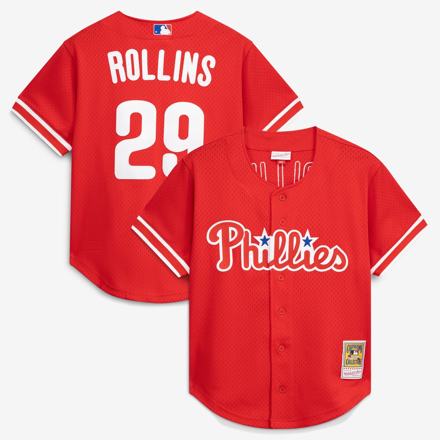Jimmy Rollins Philadelphia Phillies M & N Cooperstown Mesh Batting Practice Button-Up Jersey - Red | Stitched Baseball Jersey TJS0588