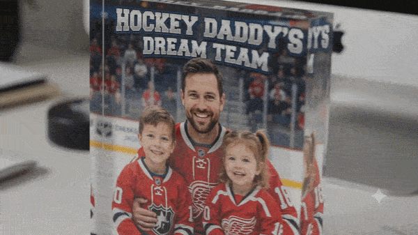 Hockey Daddy's Dream Team, Father's Day Gift, Custom No.1 Dad Man & Kids Trading Card Style Plaque, Personalized Player Dad Acrylic Block