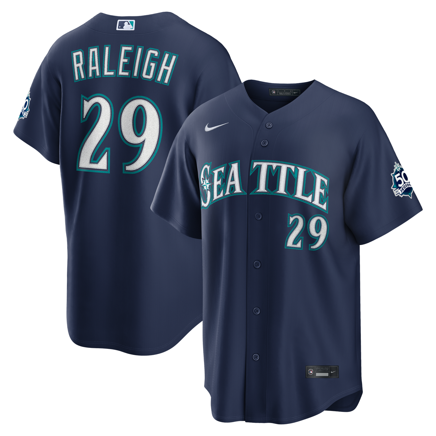 Cal Raleigh Seattle Mariners Road Stadium 50th Season Patch Jersey - Navy | Stitched Baseball Jersey TJS0052