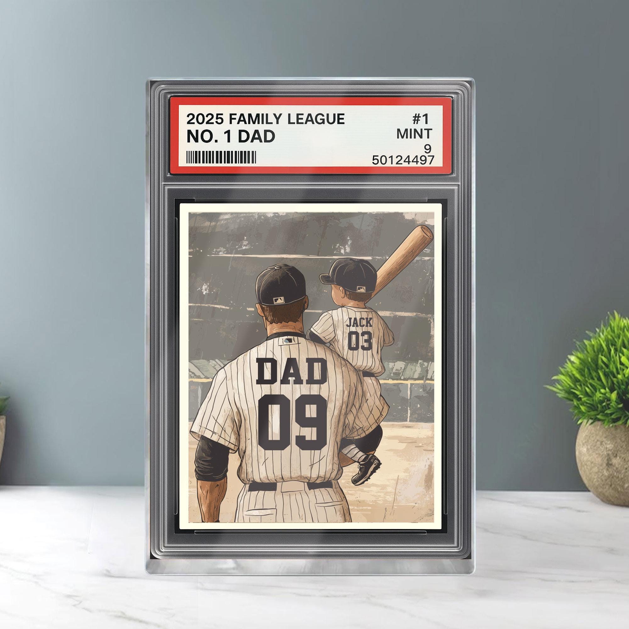 Baseball No. 1 Dad Man & Kids Trading Card Style Personalized Acrylic Block, Father's Day Gift for Baseball Dad, Husb...