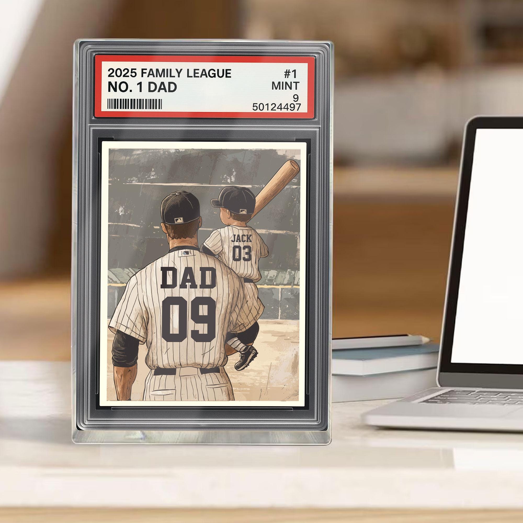 Baseball No. 1 Dad Man & Kids Trading Card Style Personalized Acrylic Block, Father's Day Gift for Baseball Dad, Husb...