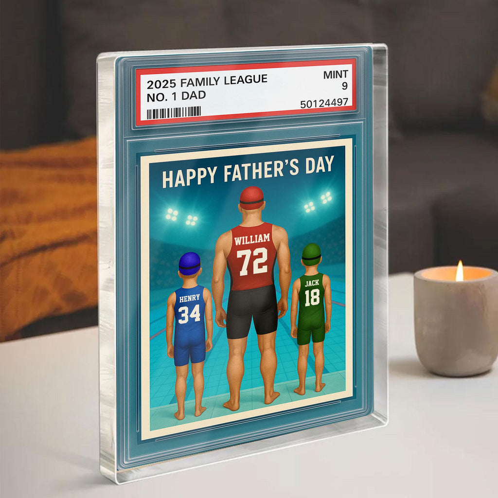 Custom No.1 Swimming Dad Plaque, Personalized Trading Card Kids Name For Swimming Dad Acrylic Block, Father's Day Gif...
