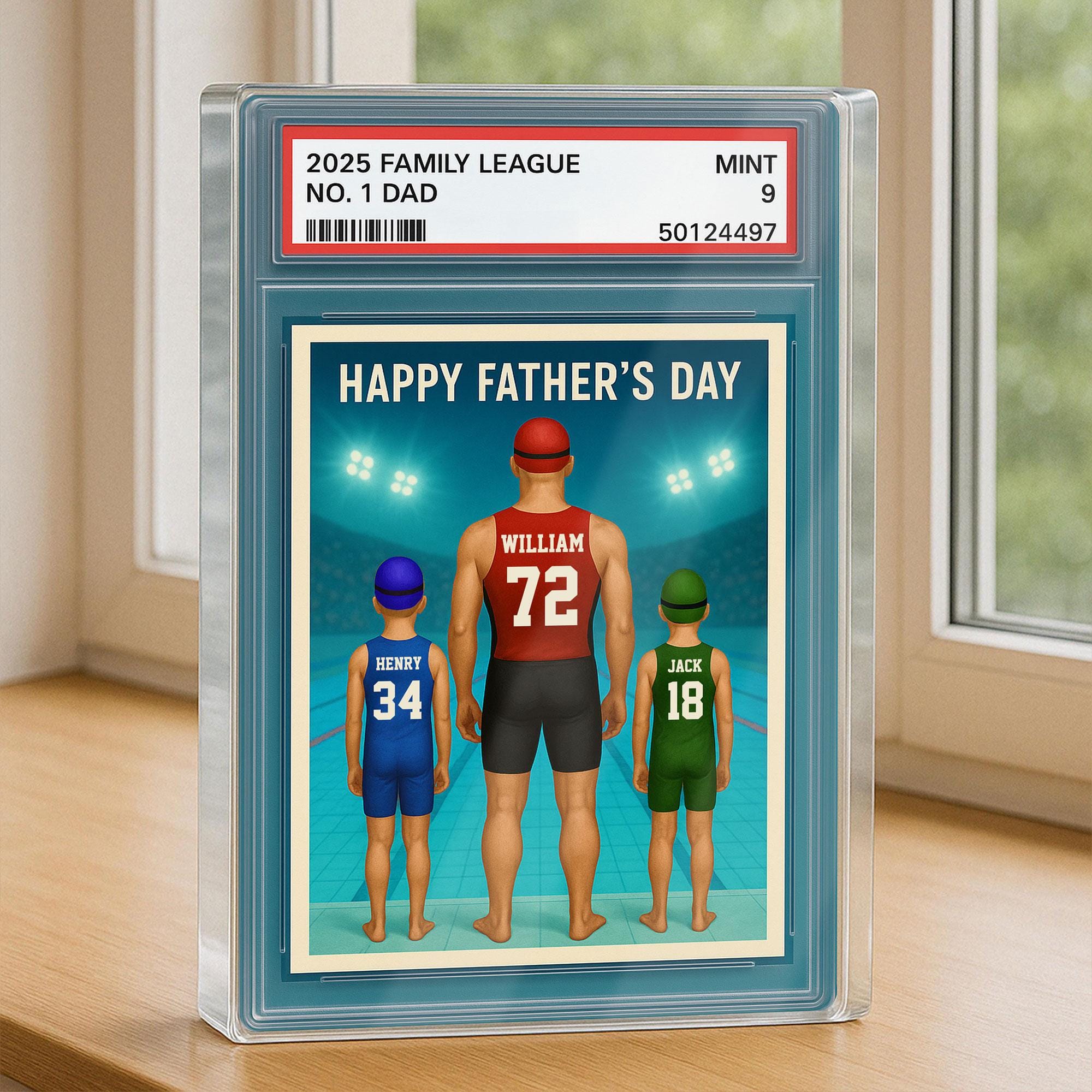 Custom No.1 Swimming Dad Plaque, Personalized Trading Card Kids Name For Swimming Dad Acrylic Block, Father's Day Gif...