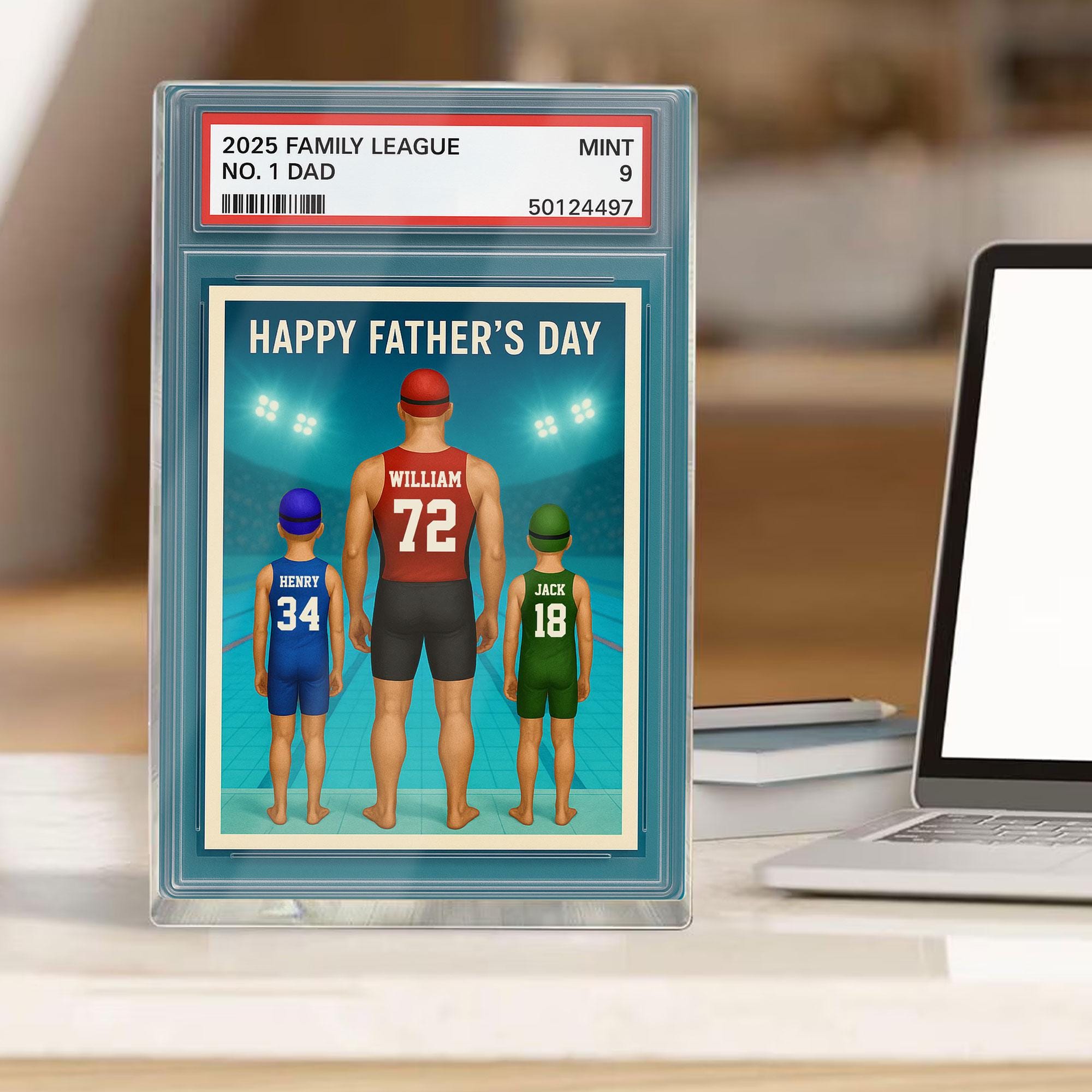Custom No.1 Swimming Dad Plaque, Personalized Trading Card Kids Name For Swimming Dad Acrylic Block, Father's Day Gif...
