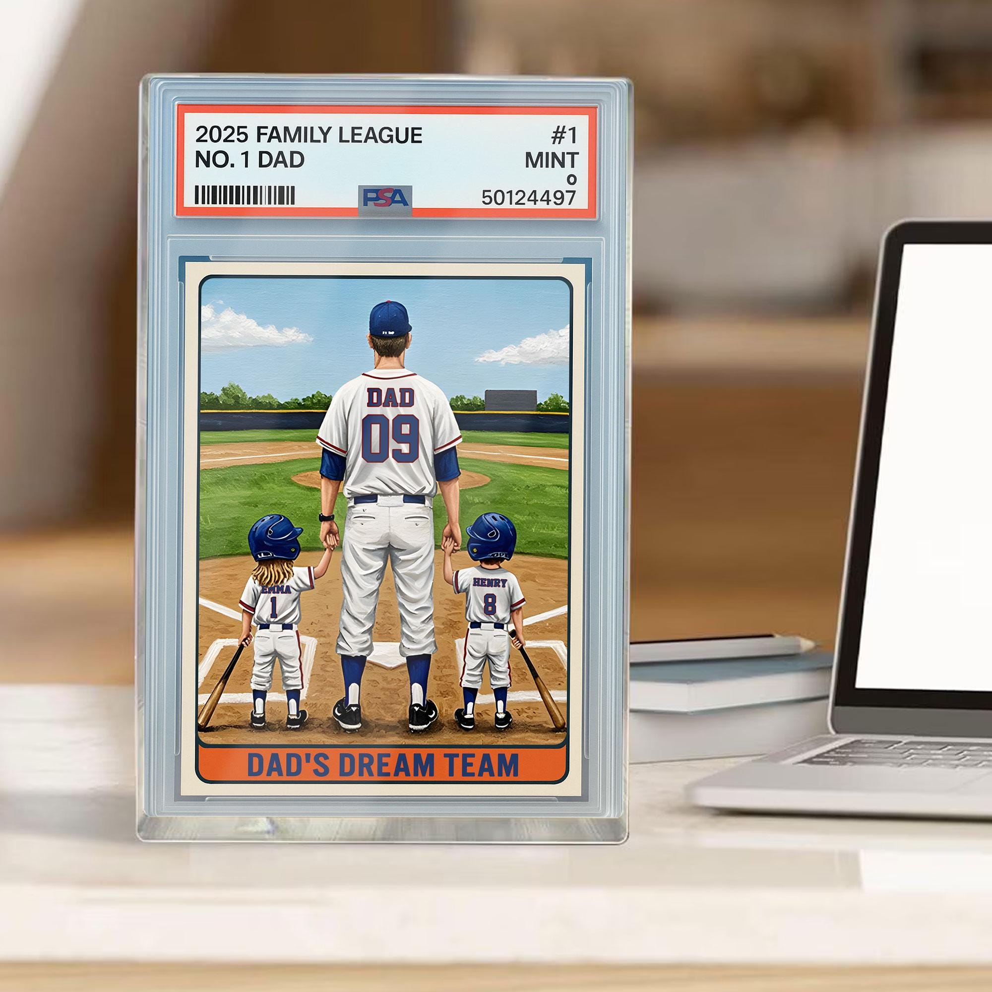 Baseball No. 1 Dad Man And Kids Trading Card Style Personalized Acrylic Block, Dad Plaque, Father's Day Gift for Base...