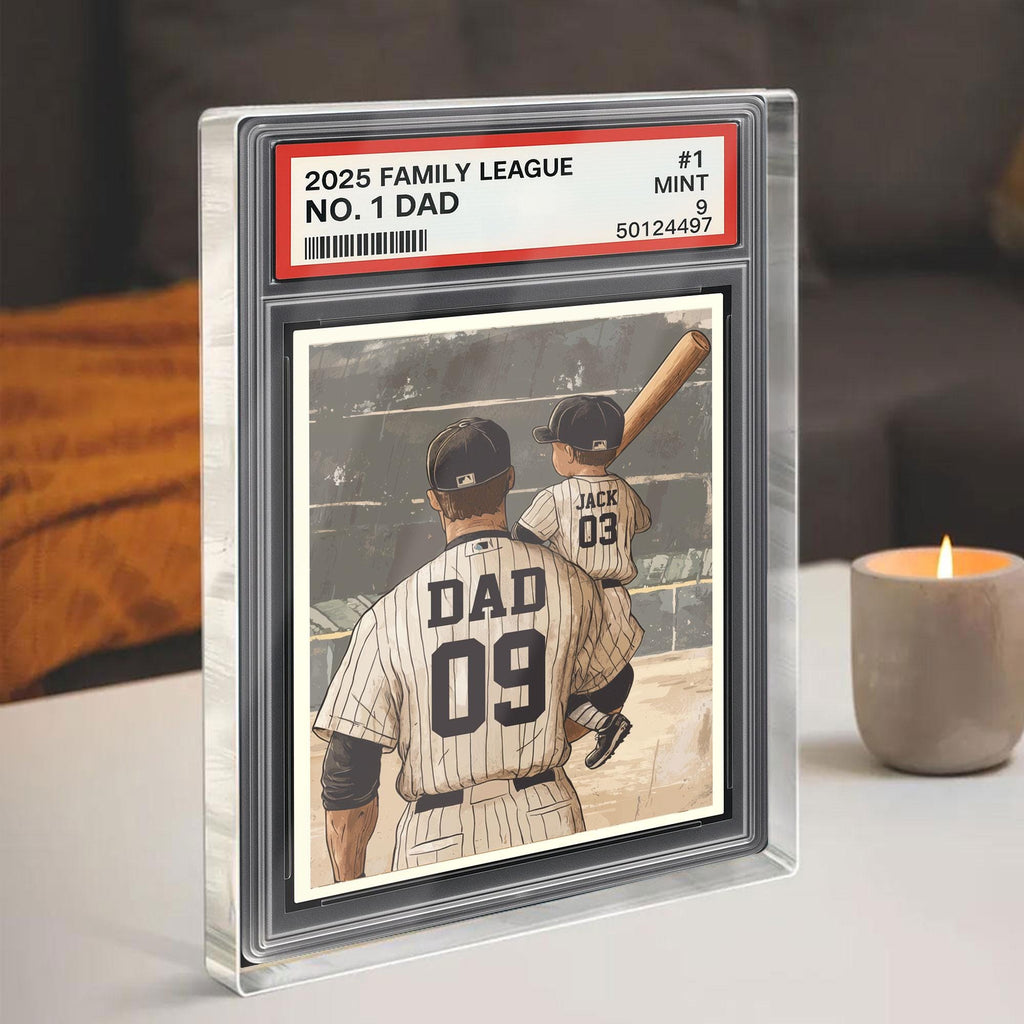 Baseball No. 1 Dad Man & Kids Trading Card Style Personalized Acrylic Block, Father's Day Gift for Baseball Dad, Husb...