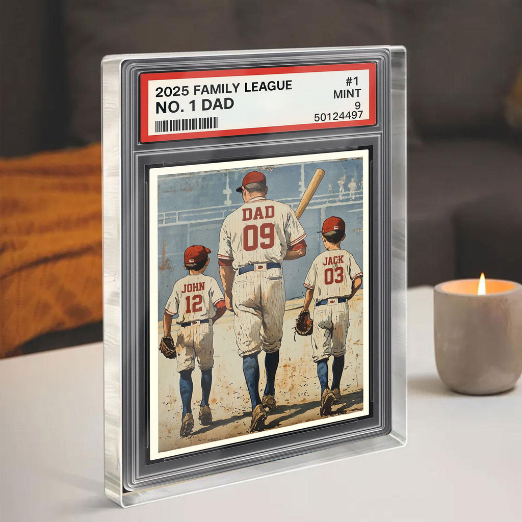 Baseball No. 1 Dad Man And Kids Trading Card Style Personalized Acrylic Block, Dad Plaque, Father's Day Gift for Base...