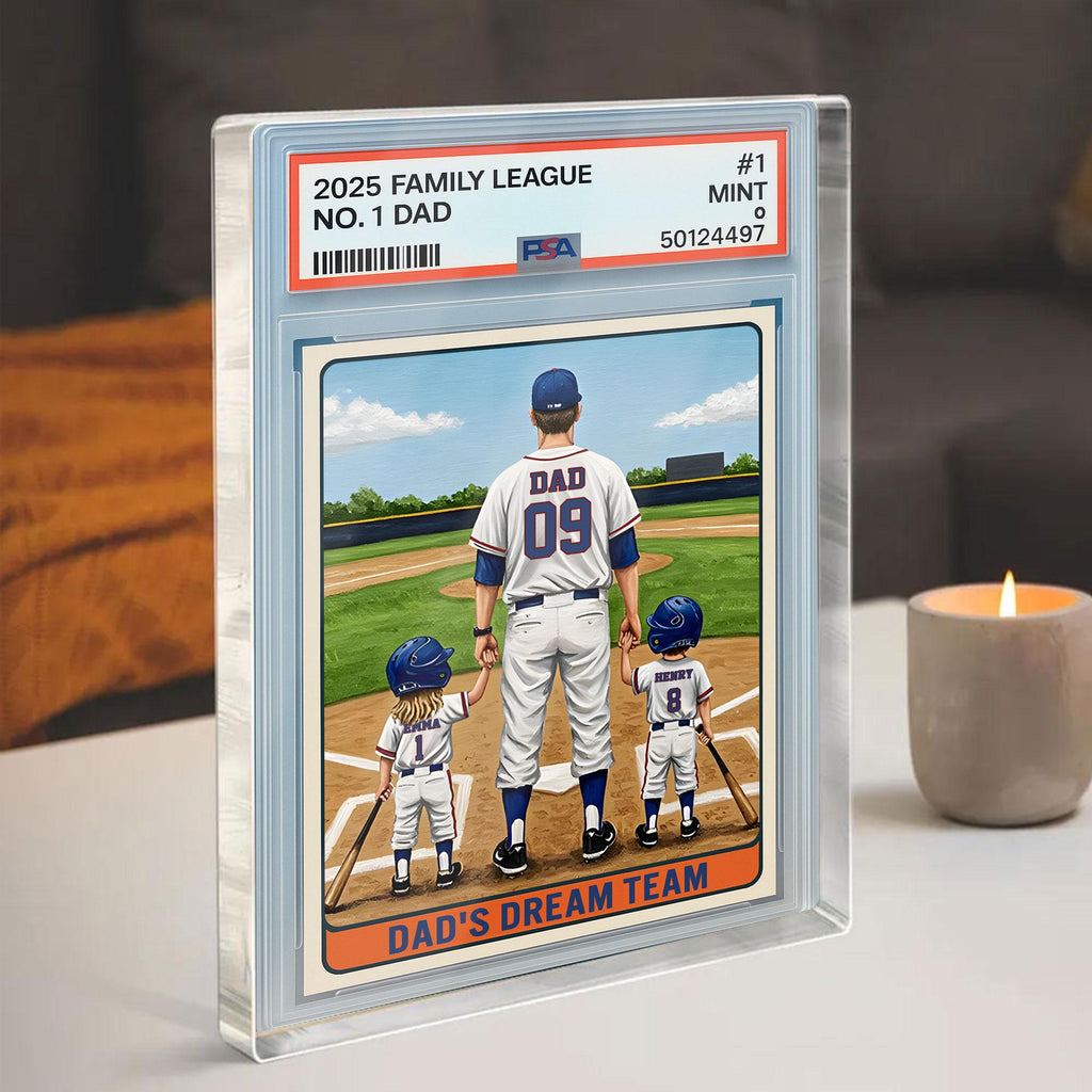 Baseball No. 1 Dad Man And Kids Trading Card Style Personalized Acrylic Block, Dad Plaque, Father's Day Gift for Base...