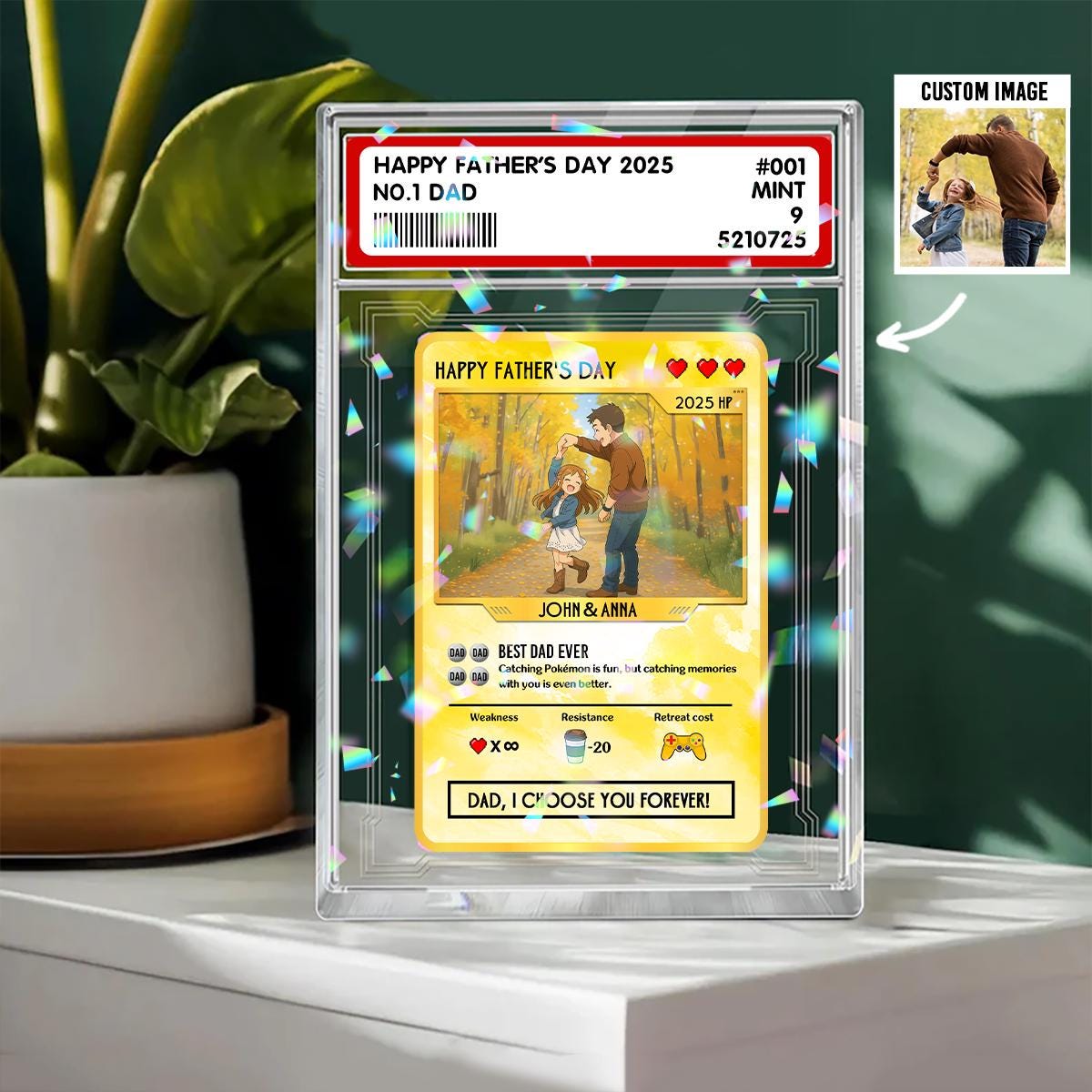 Custom Hologram Pokedad  Father's Day Card, Custom Photo Anime Trading Card, Gamer Dad Gift, 2D Effect Anime Card Box...