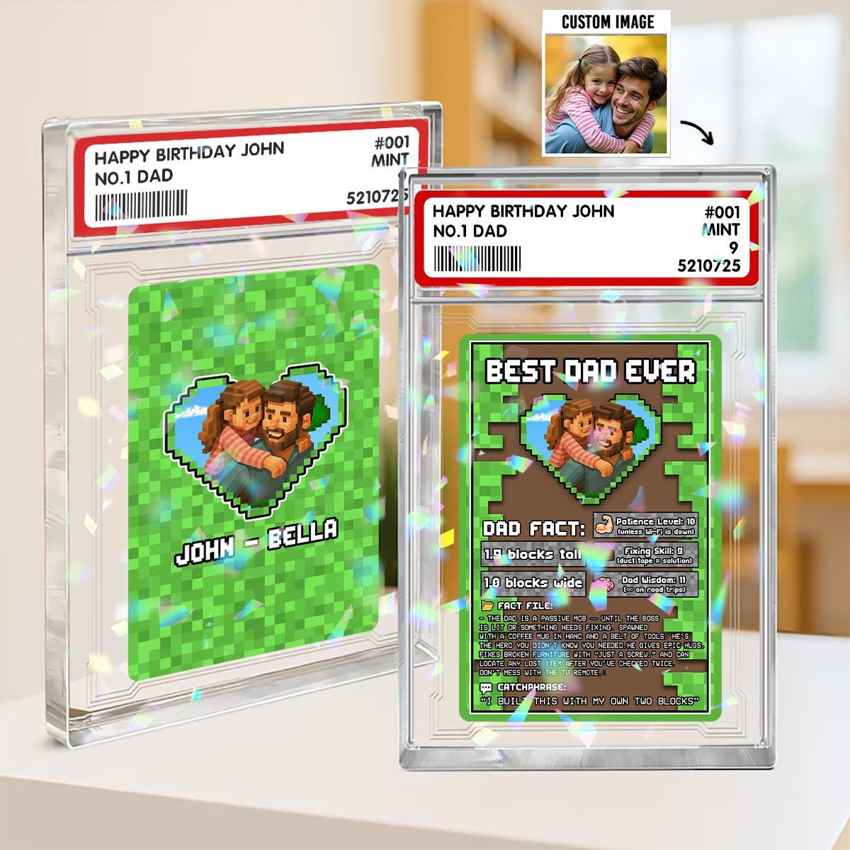 Personalized Father's Day Dadcraft Card, Custom Photo Dad And Kid Hologram Ornament, Best Dad Ever Gifts, Gamer Dadcr...