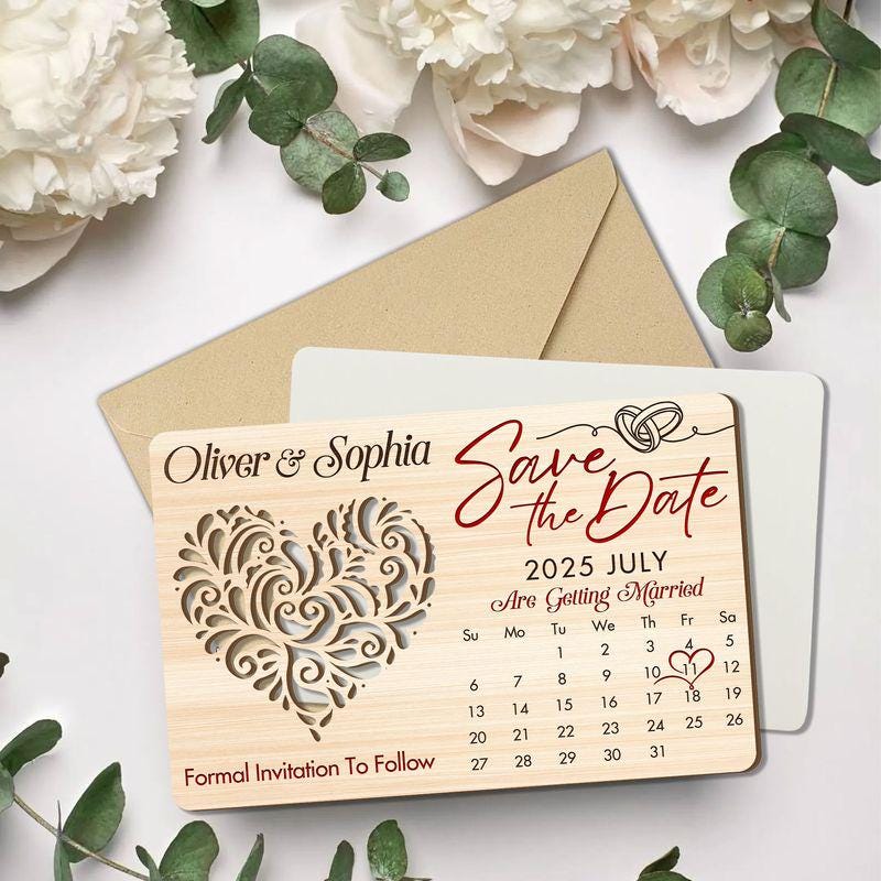 Custom Rustic Wooden Wedding Invitations with Free Envelopes, Personalized Wedding Date Calendar Keepsake, Special In...