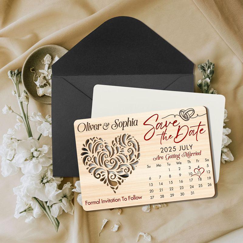 Custom Rustic Wooden Wedding Invitations with Free Envelopes, Personalized Wedding Date Calendar Keepsake, Special In...