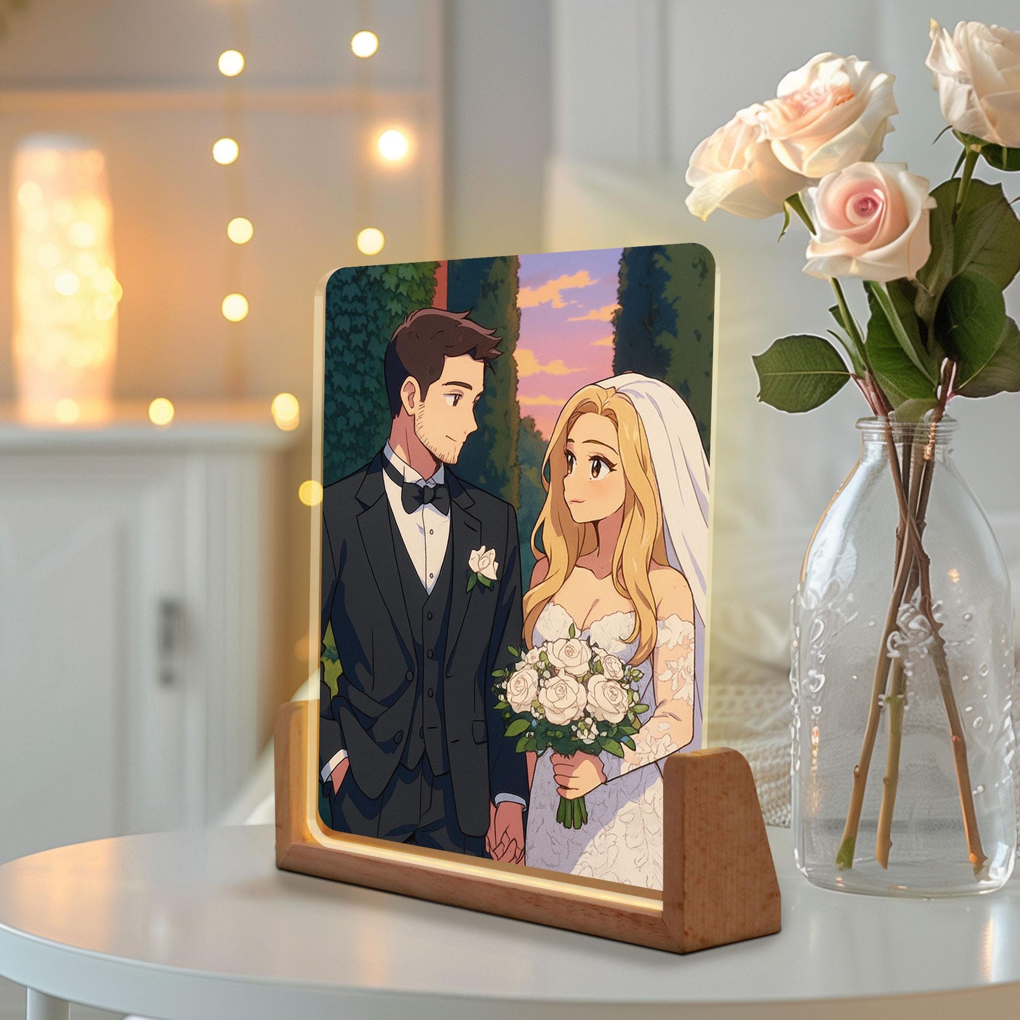 Custom Photo Wedding Couple Night Light, Romantic Gift, Personalized Anime Portrait Lamp, Wedding Plaque Gifts, Anniv...