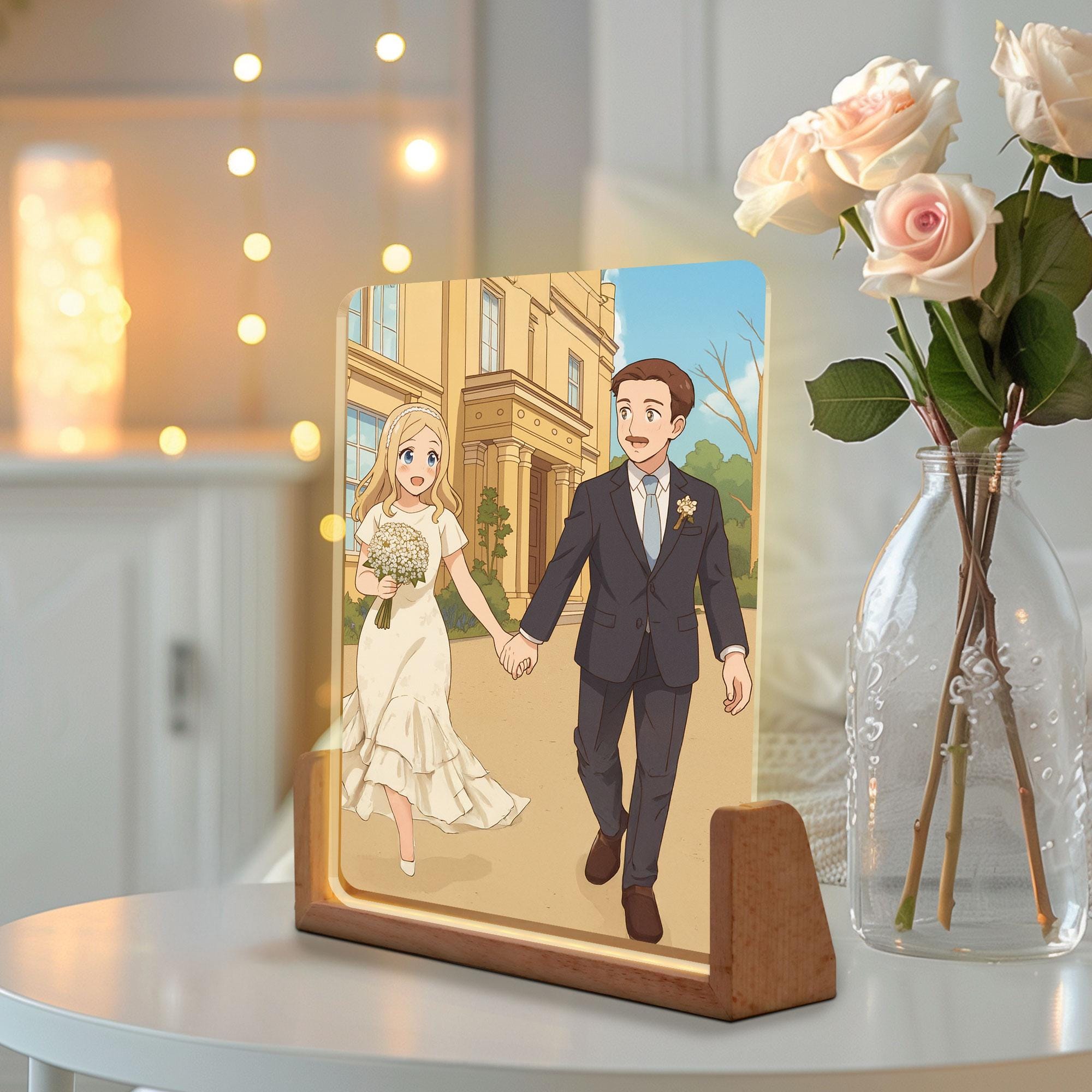 Personalized Anime Portrait Lamp, Custom Photo Wedding Couple Night Light, Wedding Plaque Gifts, Anniversary Light De...