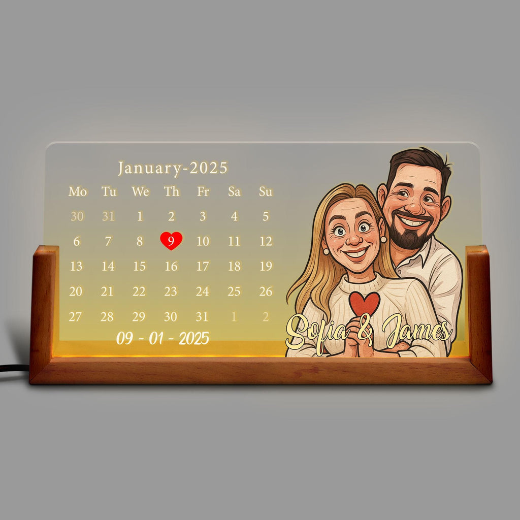 Personalized Cartoon Calendar Night Light with Couple Portrait, Custom Anniversary Date LED Lamp, Romantic Gift, Nigh...