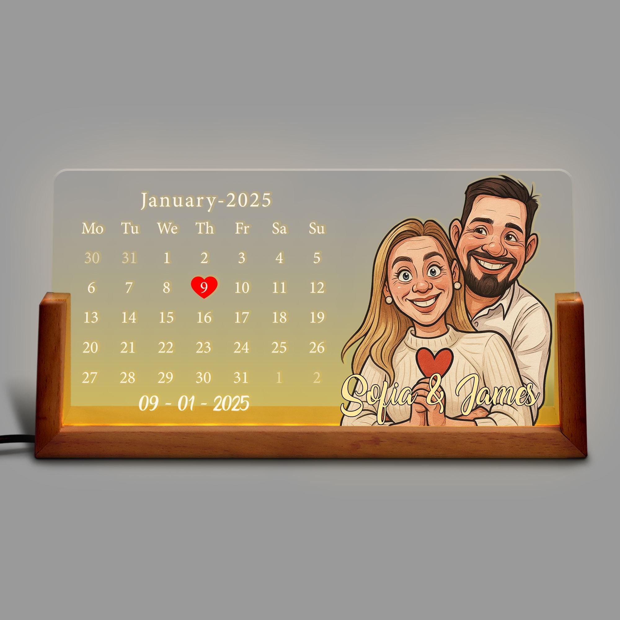 Personalized Cartoon Calendar Night Light with Couple Portrait, Custom Anniversary Date LED Lamp, Romantic Gift, Nigh...