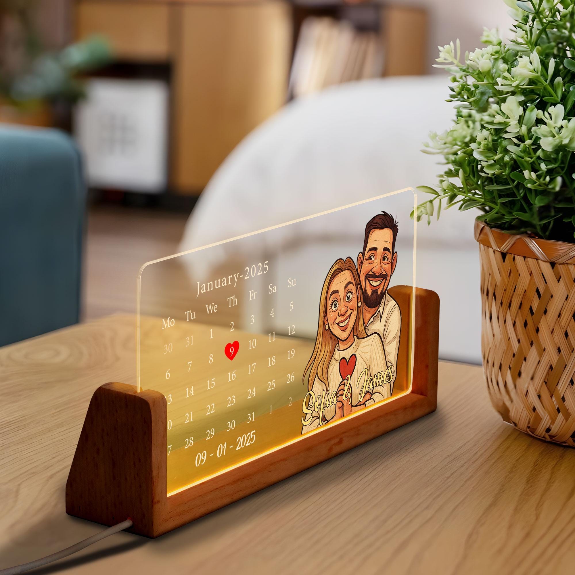Personalized Cartoon Calendar Night Light with Couple Portrait, Custom Anniversary Date LED Lamp, Romantic Gift, Nigh...