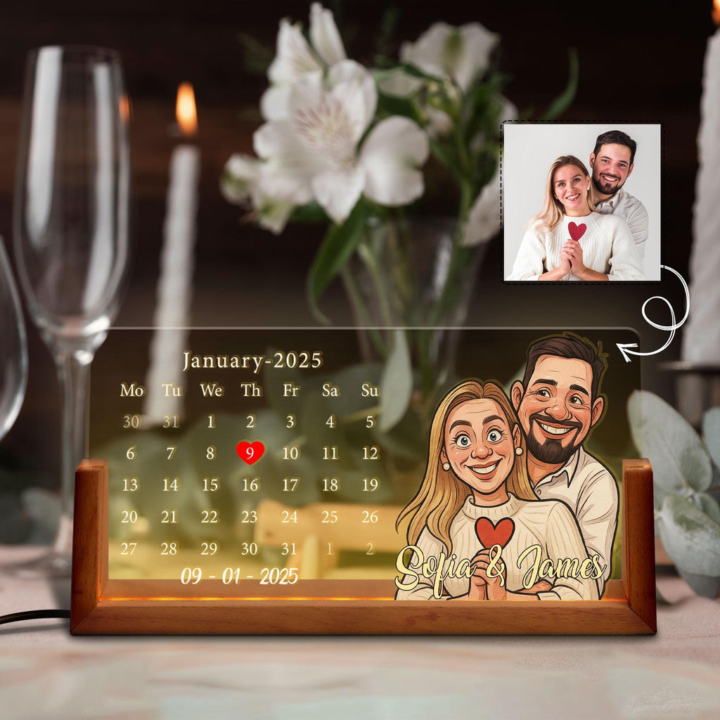 Personalized Cartoon Calendar Night Light with Couple Portrait, Custom Anniversary Date LED Lamp, Romantic Gift, Nigh...