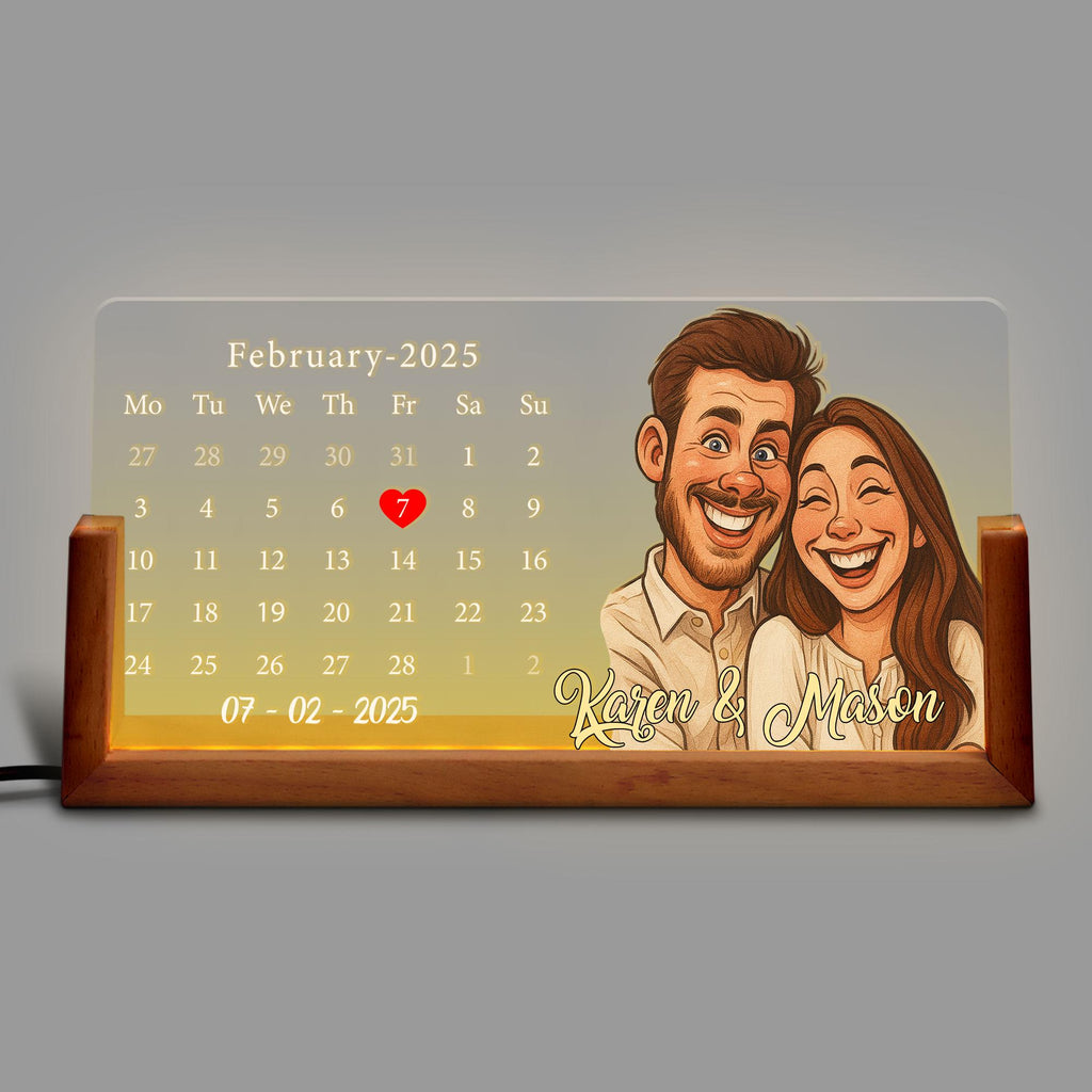 Custom Anniversary Date LED Lamp, Personalized Cartoon Calendar Night Light with Couple Portrait, Romantic Gift, Nigh...