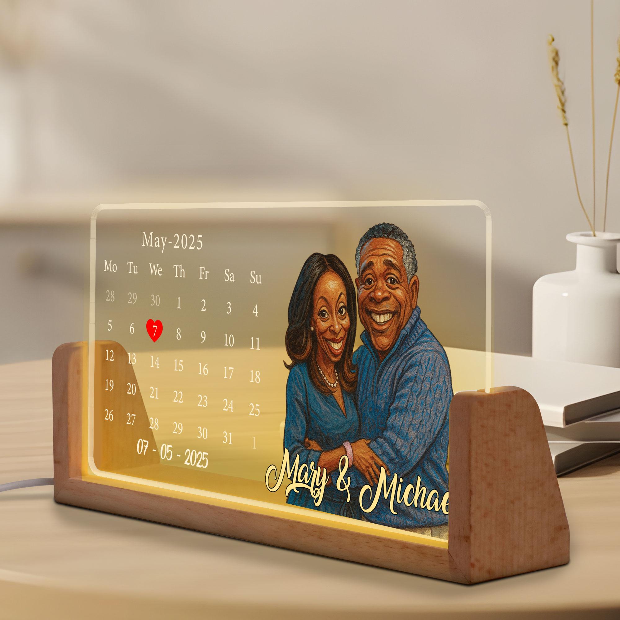Custom Anniversary Date LED Lamp, Night Light Wedding Gift, Personalized Cartoon Calendar Night Light with Couple Por...