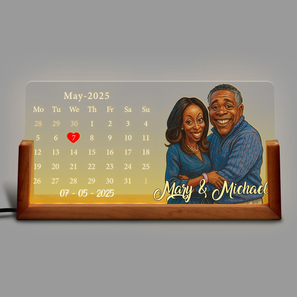 Custom Anniversary Date LED Lamp, Night Light Wedding Gift, Personalized Cartoon Calendar Night Light with Couple Por...