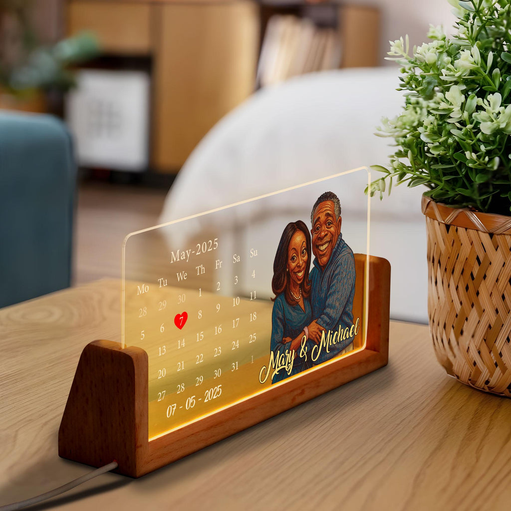 Custom Anniversary Date LED Lamp, Night Light Wedding Gift, Personalized Cartoon Calendar Night Light with Couple Por...