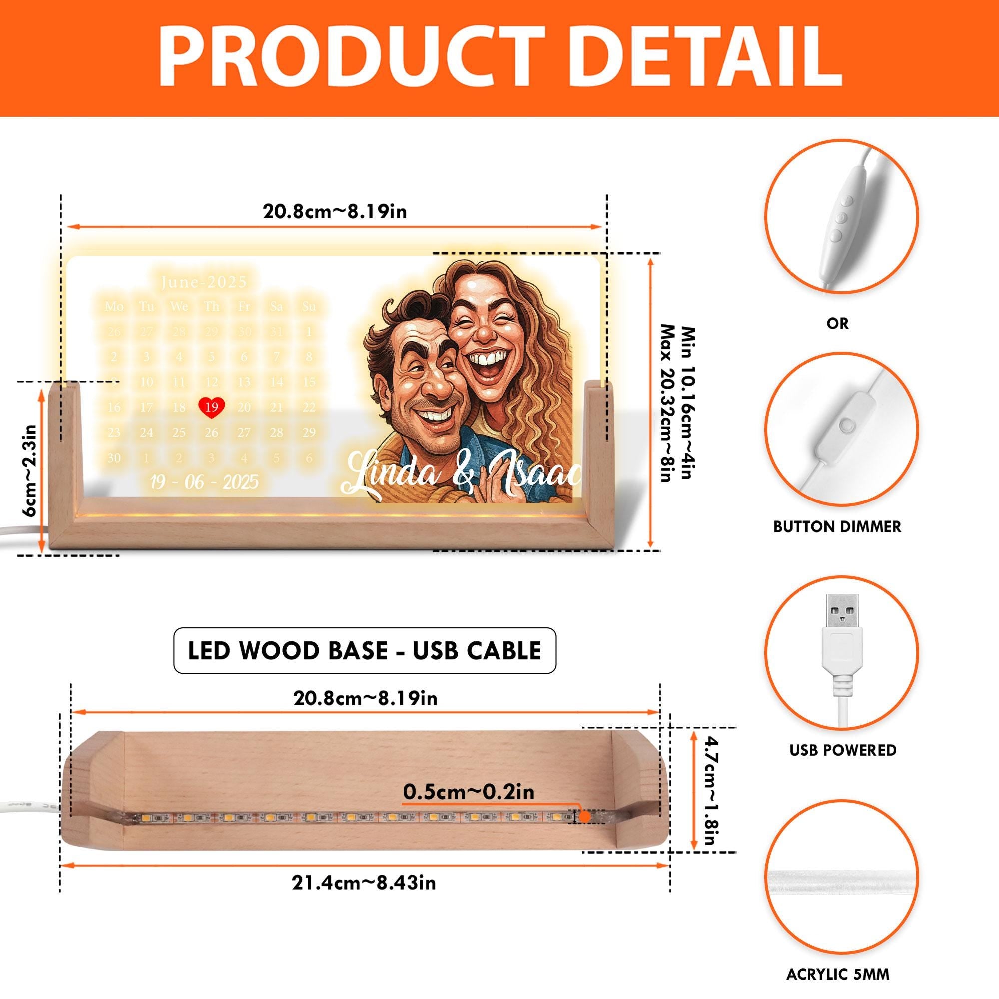 Custom Cartoon Portrait Calendar Night Light, Personalized LED Date Lamp with Couple Illustration, Gift for Anniversa...