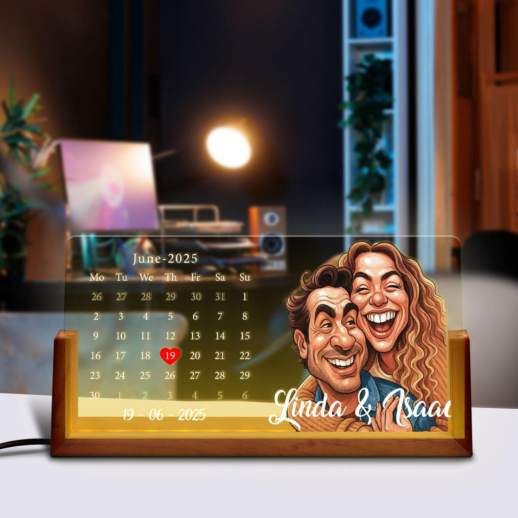 Custom Cartoon Portrait Calendar Night Light, Personalized LED Date Lamp with Couple Illustration, Gift for Anniversa...