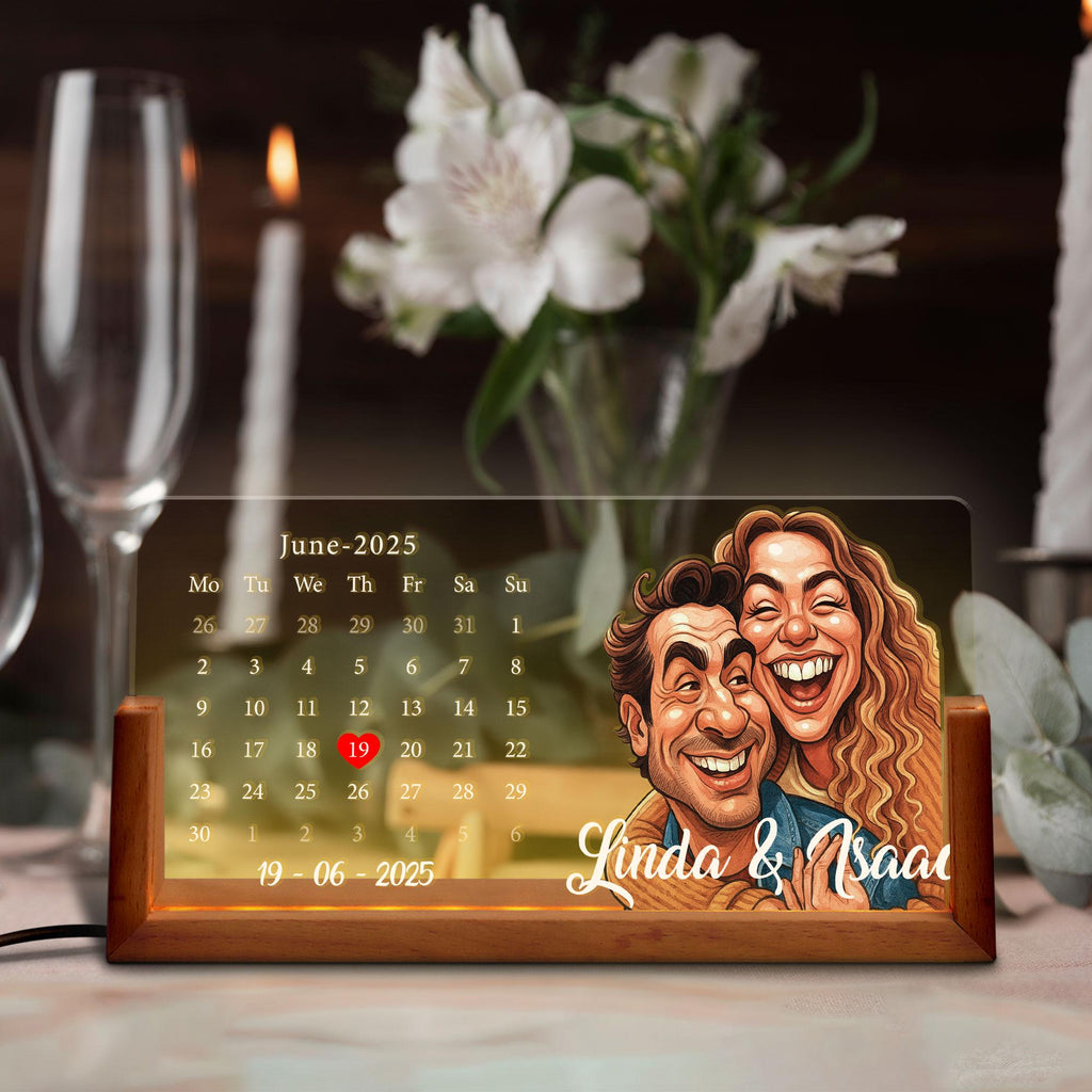 Custom Cartoon Portrait Calendar Night Light, Personalized LED Date Lamp with Couple Illustration, Gift for Anniversa...