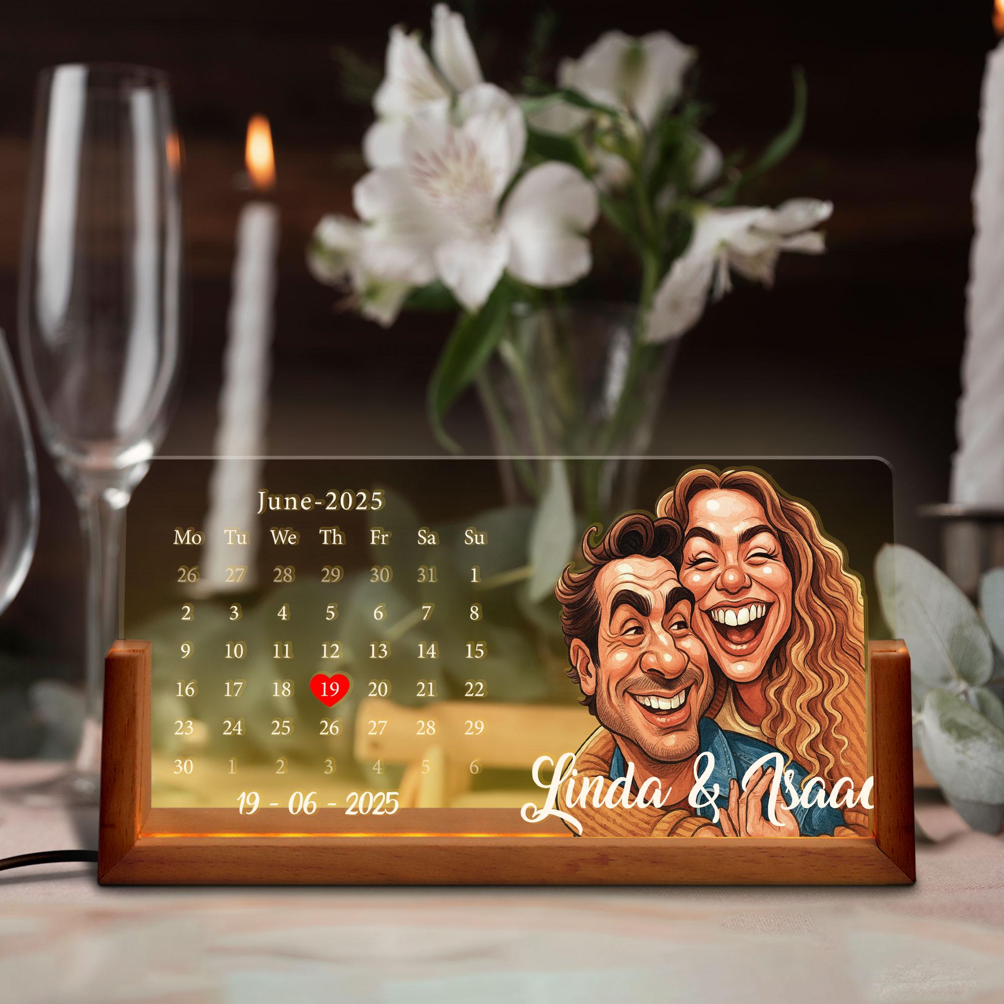 Custom Cartoon Portrait Calendar Night Light, Personalized LED Date Lamp with Couple Illustration, Gift for Anniversa...