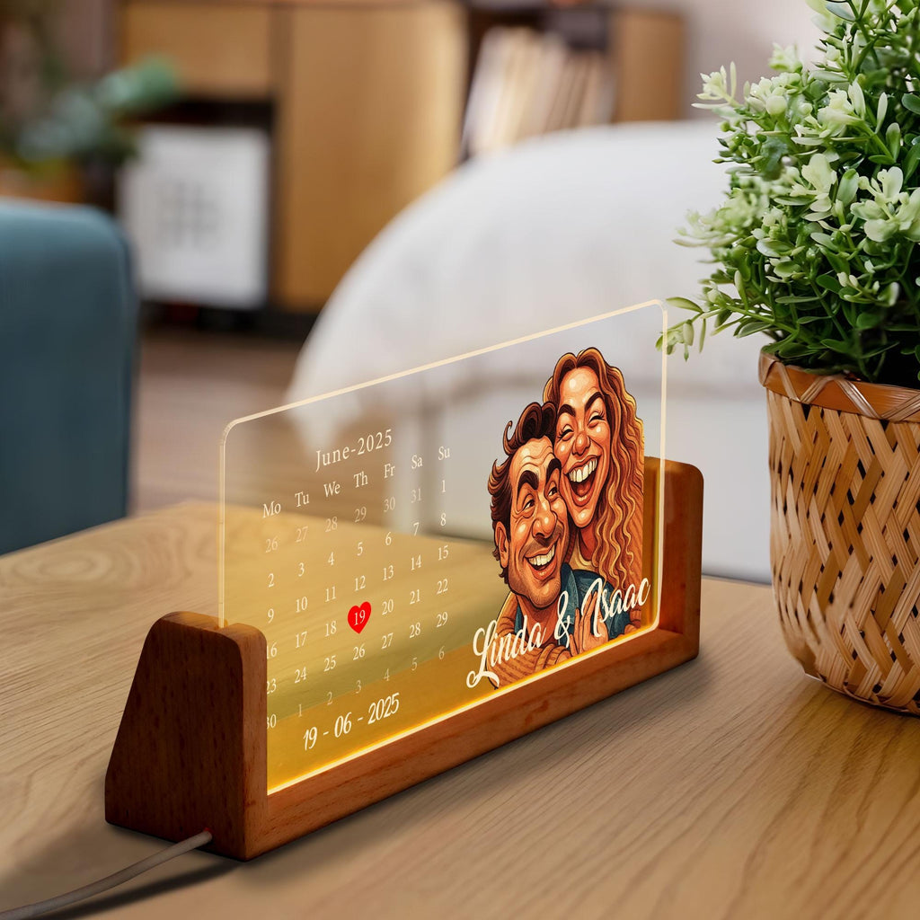 Custom Cartoon Portrait Calendar Night Light, Personalized LED Date Lamp with Couple Illustration, Gift for Anniversa...