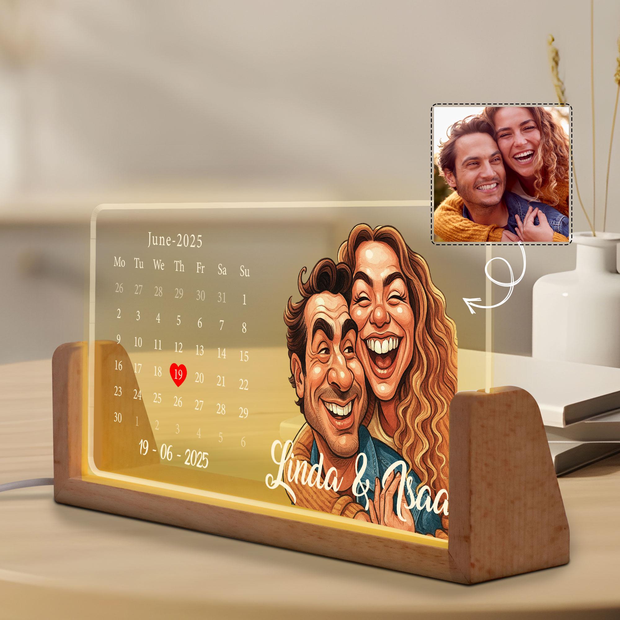 Custom Cartoon Portrait Calendar Night Light, Personalized LED Date Lamp with Couple Illustration, Gift for Anniversa...