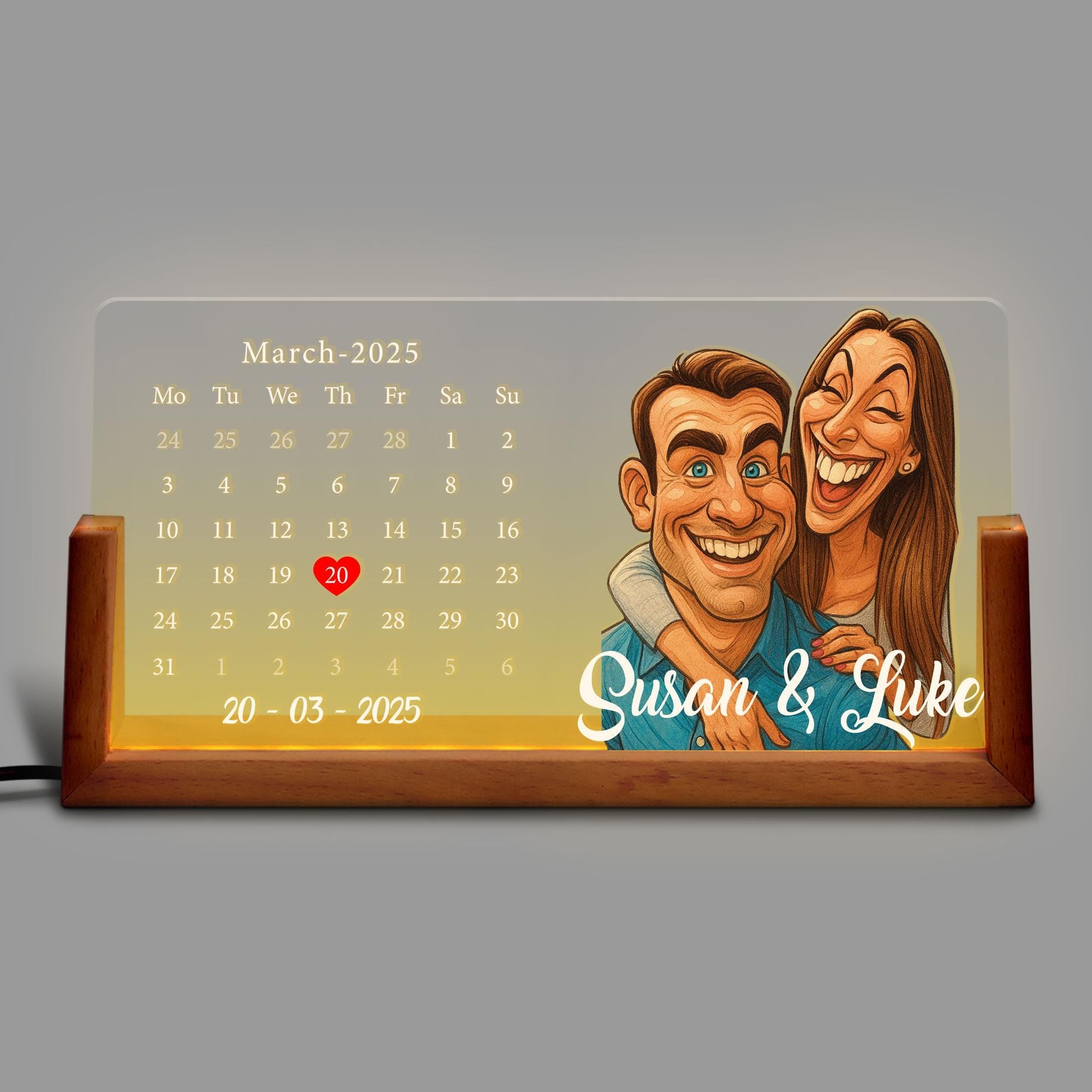 Custom Cartoon Portrait Calendar Night Light, Gift for Anniversary or Valentine’s Day, Personalized LED Date Lamp wit...