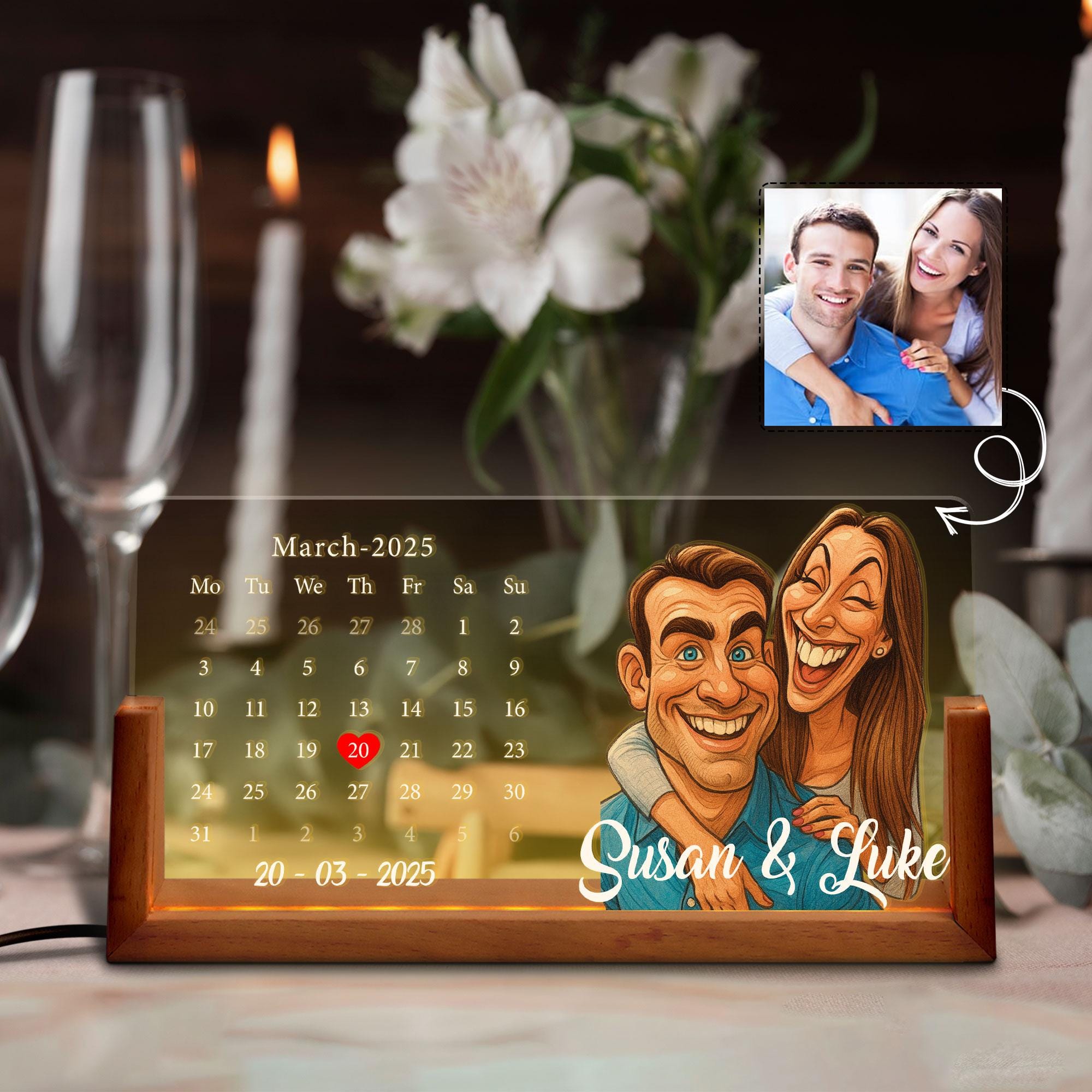 Custom Cartoon Portrait Calendar Night Light, Gift for Anniversary or Valentine’s Day, Personalized LED Date Lamp wit...