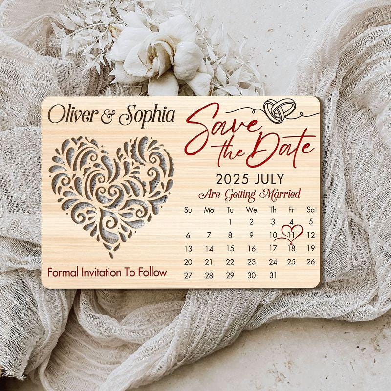 Custom Rustic Wooden Wedding Invitations with Free Envelopes, Personalized Wedding Date Calendar Keepsake, Special In...