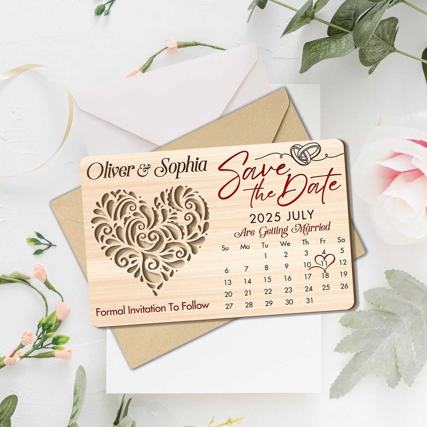Custom Rustic Wooden Wedding Invitations with Free Envelopes, Personalized Wedding Date Calendar Keepsake, Special In...