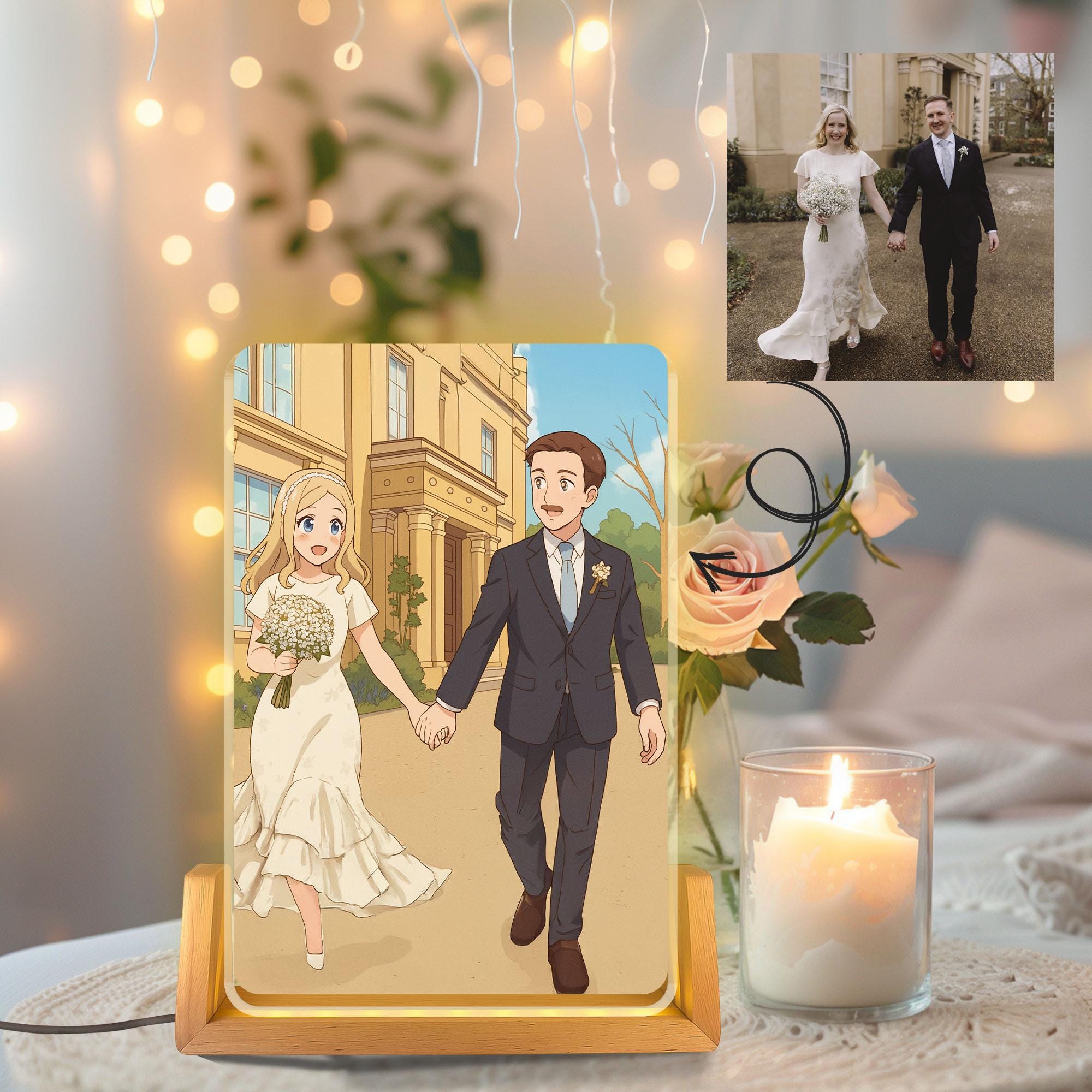 Personalized Anime Portrait Lamp, Custom Photo Wedding Couple Night Light, Wedding Plaque Gifts, Anniversary Light De...