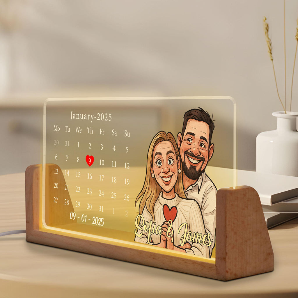 Personalized Cartoon Calendar Night Light with Couple Portrait, Custom Anniversary Date LED Lamp, Romantic Gift, Nigh...