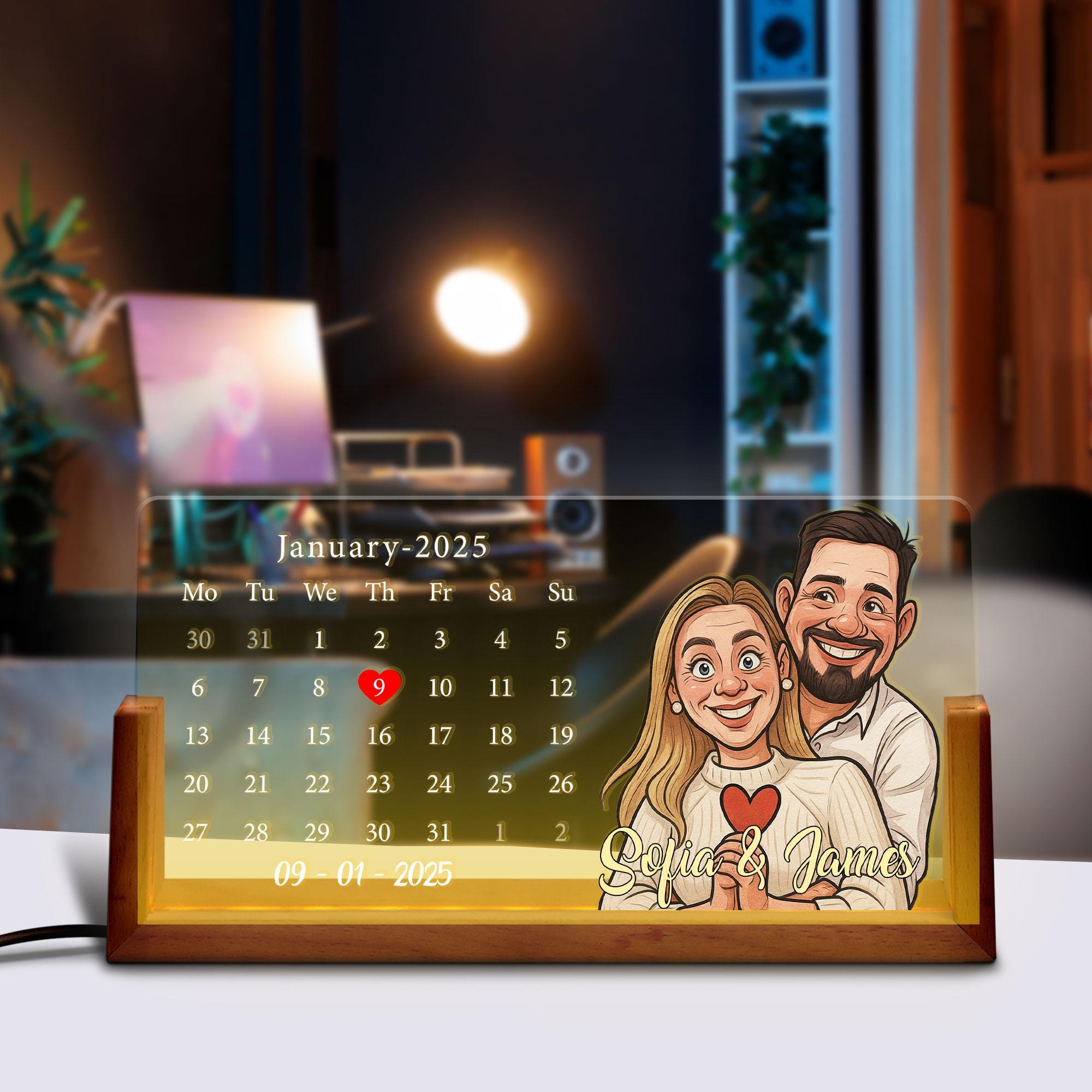 Personalized Cartoon Calendar Night Light with Couple Portrait, Custom Anniversary Date LED Lamp, Romantic Gift, Nigh...
