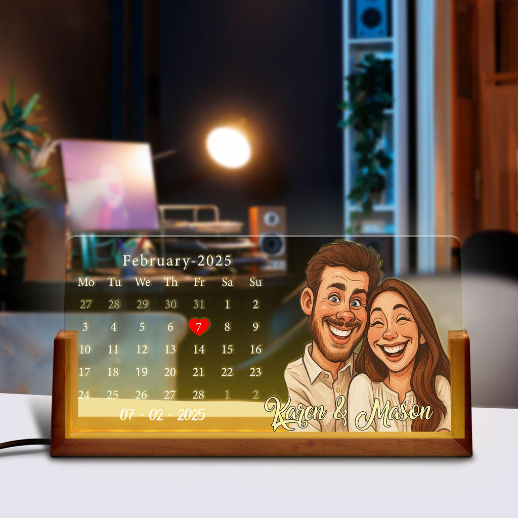 Custom Anniversary Date LED Lamp, Personalized Cartoon Calendar Night Light with Couple Portrait, Romantic Gift, Nigh...