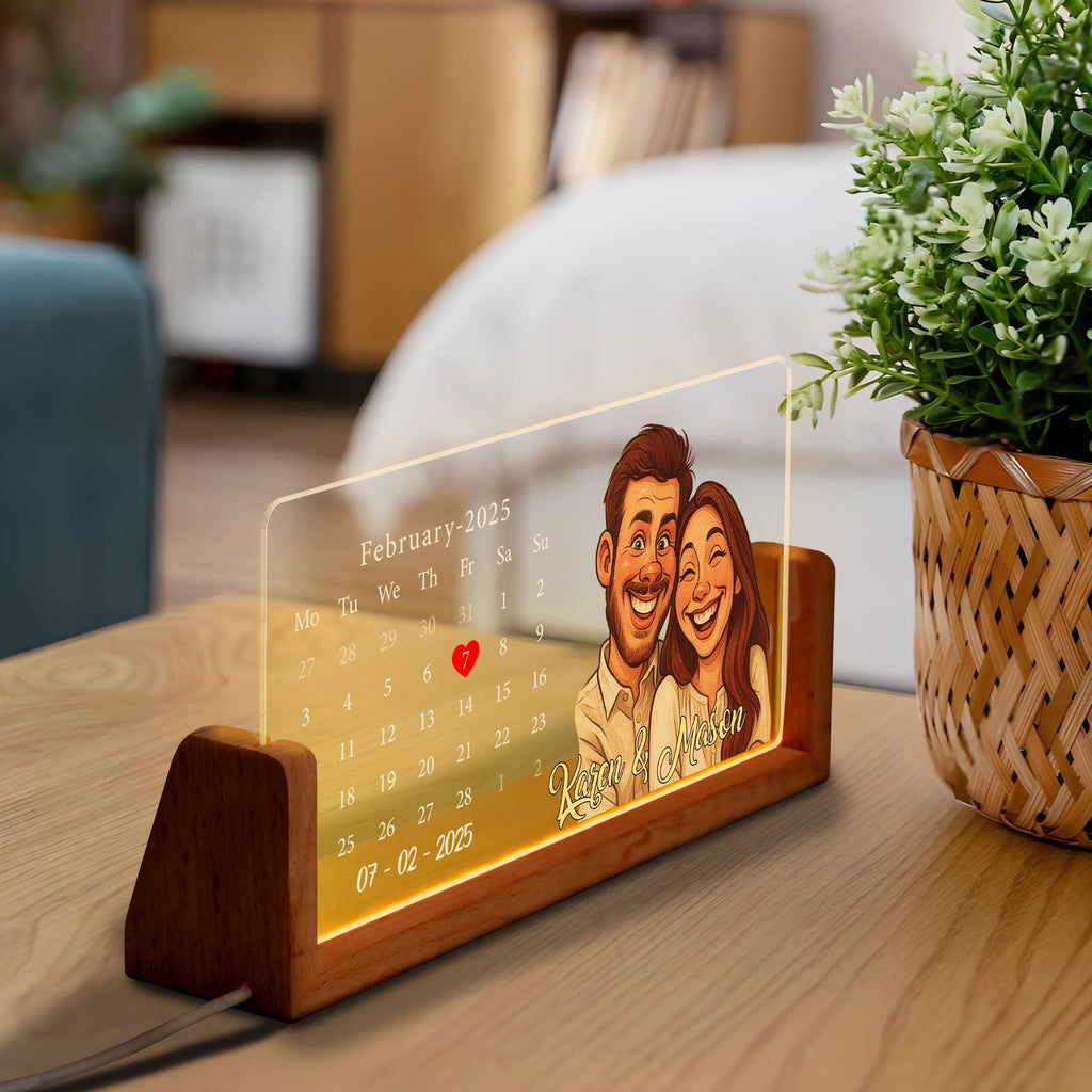 Custom Anniversary Date LED Lamp, Personalized Cartoon Calendar Night Light with Couple Portrait, Romantic Gift, Nigh...