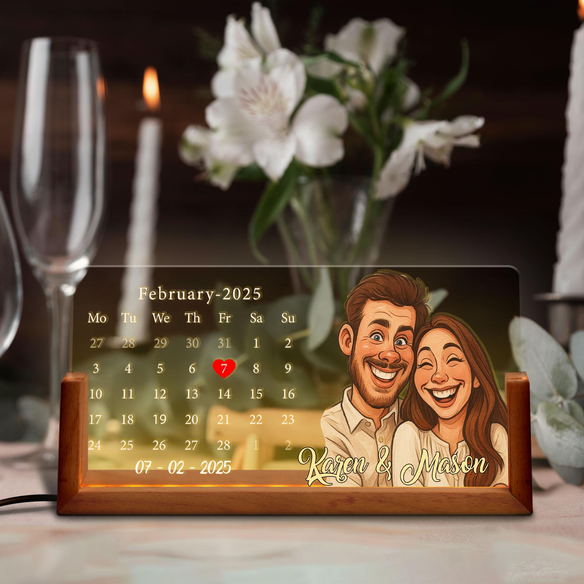 Custom Anniversary Date LED Lamp, Personalized Cartoon Calendar Night Light with Couple Portrait, Romantic Gift, Nigh...