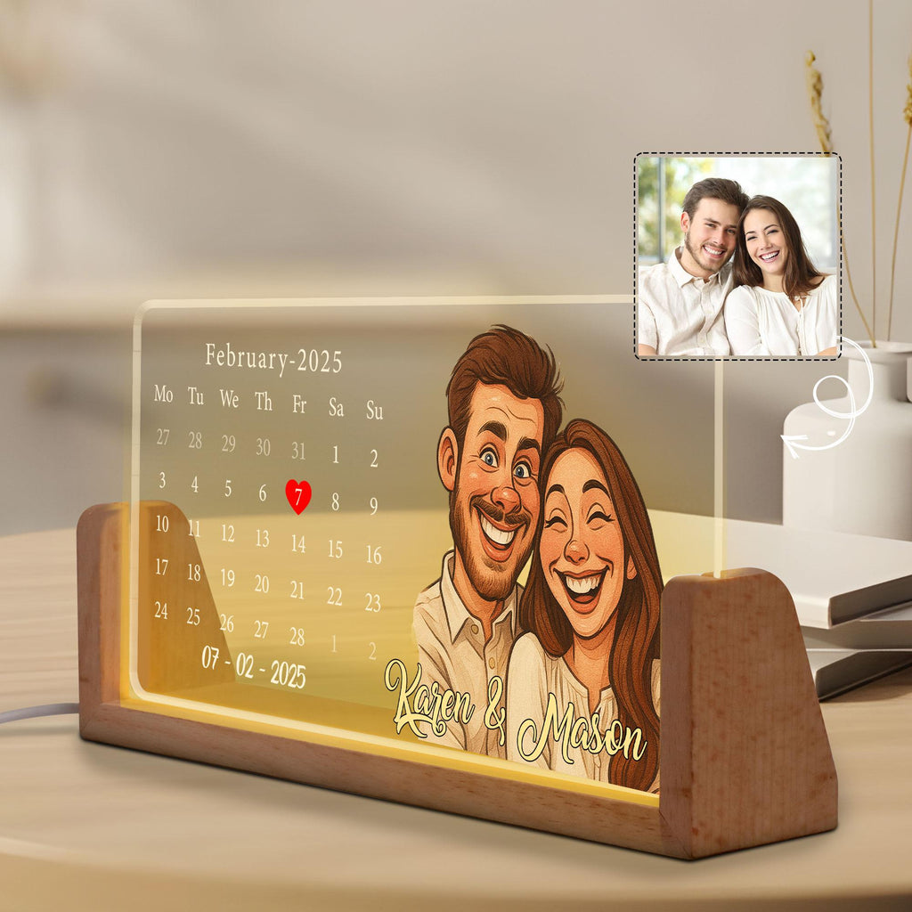 Custom Anniversary Date LED Lamp, Personalized Cartoon Calendar Night Light with Couple Portrait, Romantic Gift, Nigh...