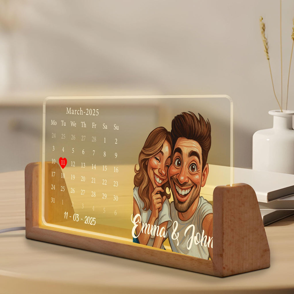 Personalized Cartoon Calendar Night Light with Couple Portrait, Night Light Wedding Gift, Custom Anniversary Date LED...