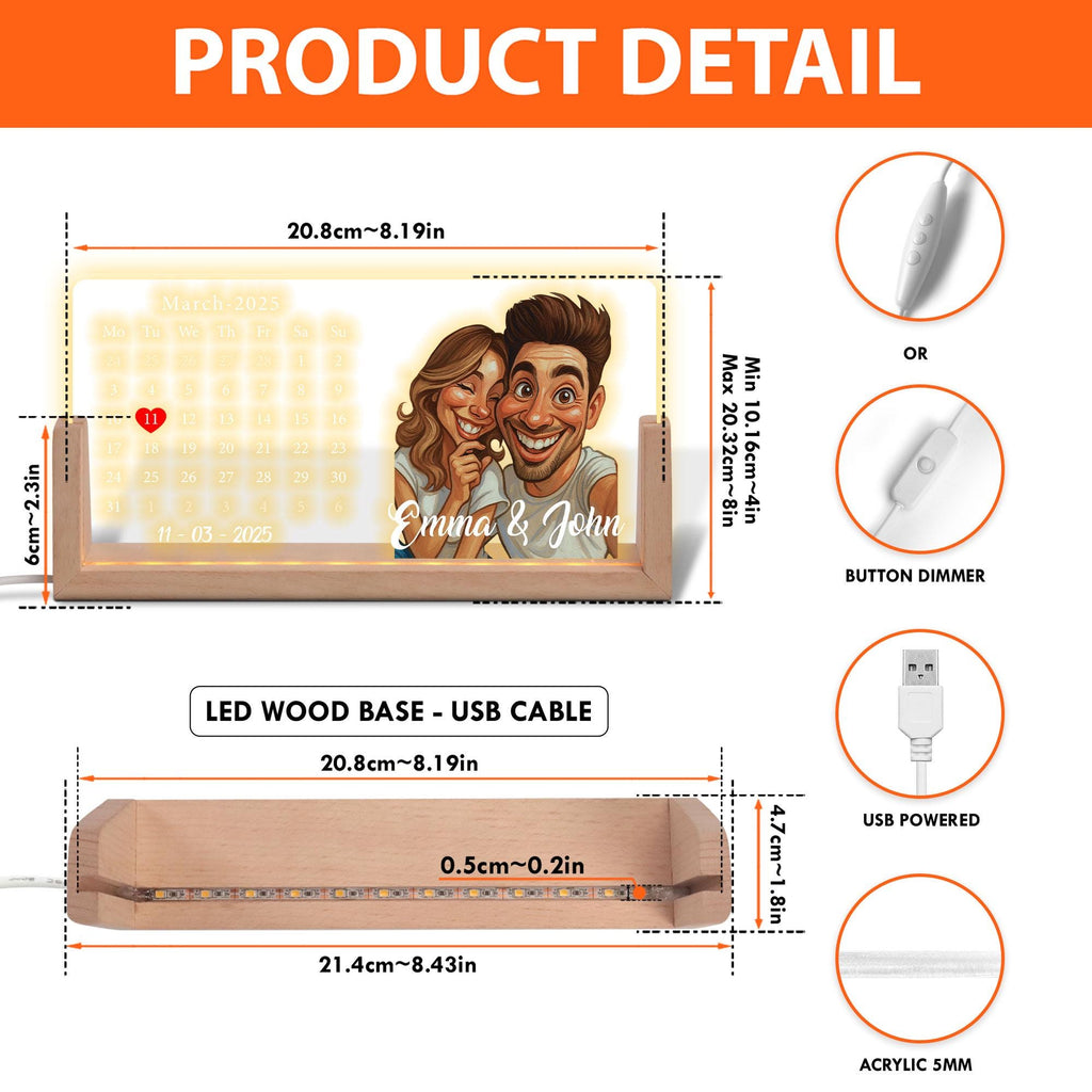 Personalized Cartoon Calendar Night Light with Couple Portrait, Night Light Wedding Gift, Custom Anniversary Date LED...