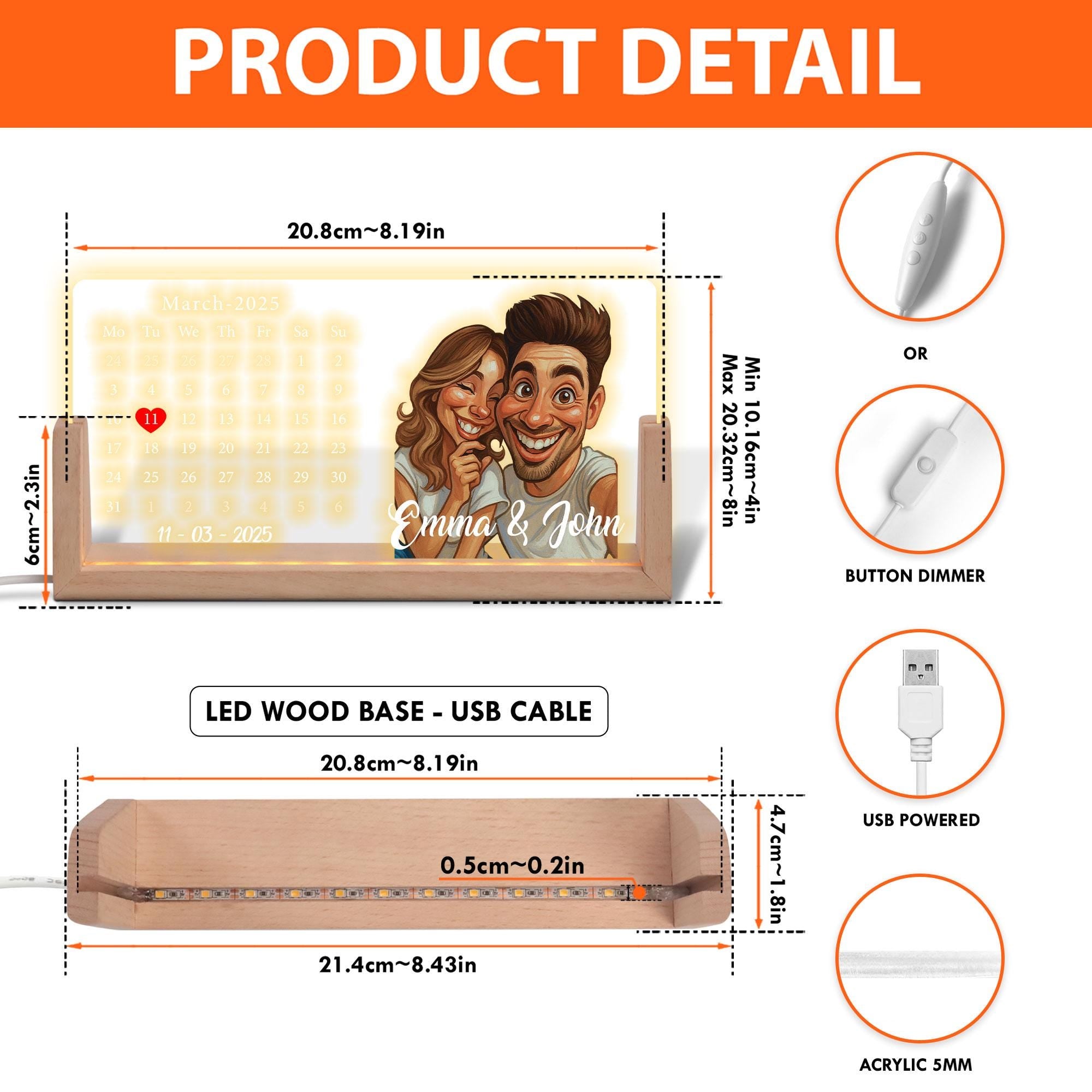 Personalized Cartoon Calendar Night Light with Couple Portrait, Night Light Wedding Gift, Custom Anniversary Date LED...