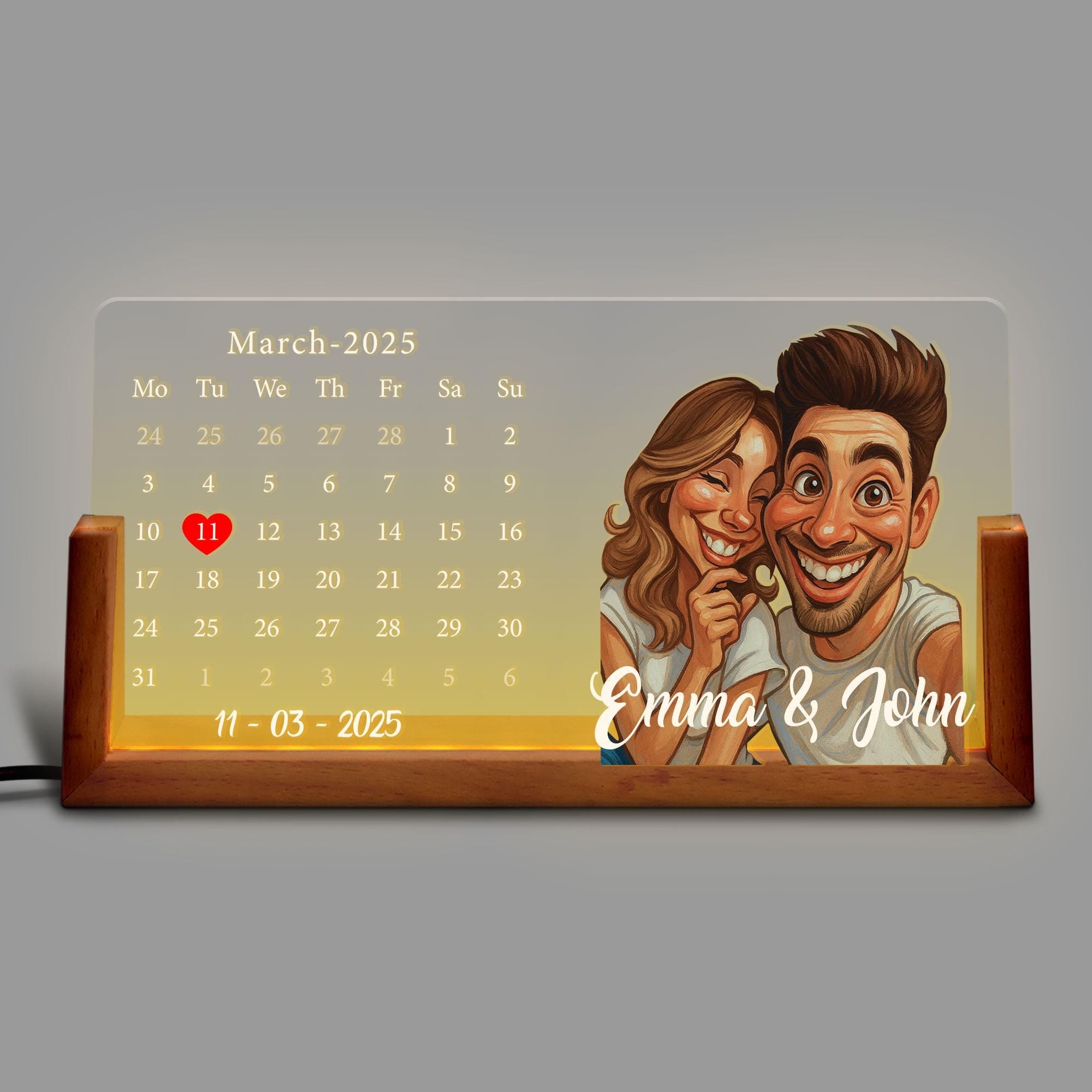 Personalized Cartoon Calendar Night Light with Couple Portrait, Night Light Wedding Gift, Custom Anniversary Date LED...
