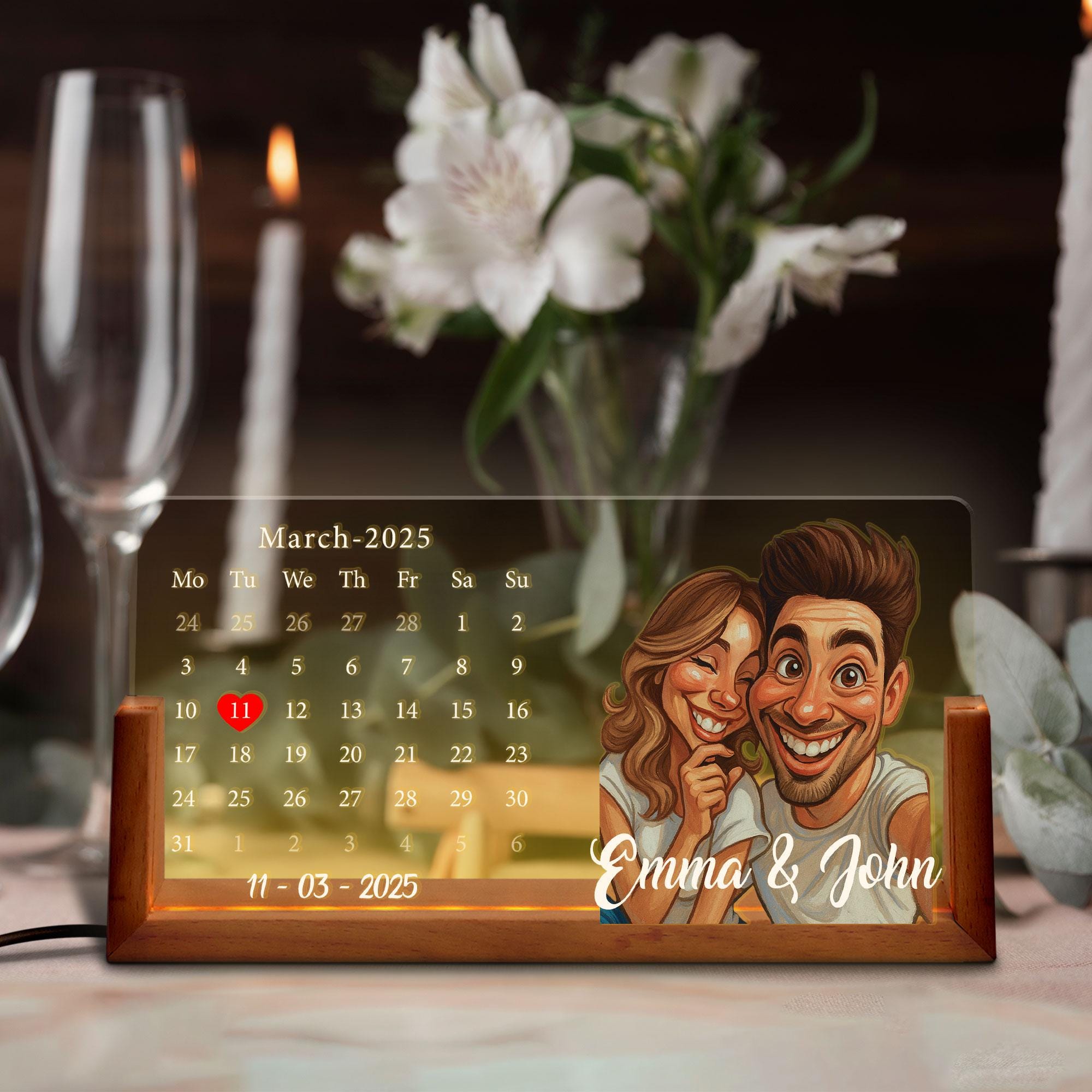 Personalized Cartoon Calendar Night Light with Couple Portrait, Night Light Wedding Gift, Custom Anniversary Date LED...