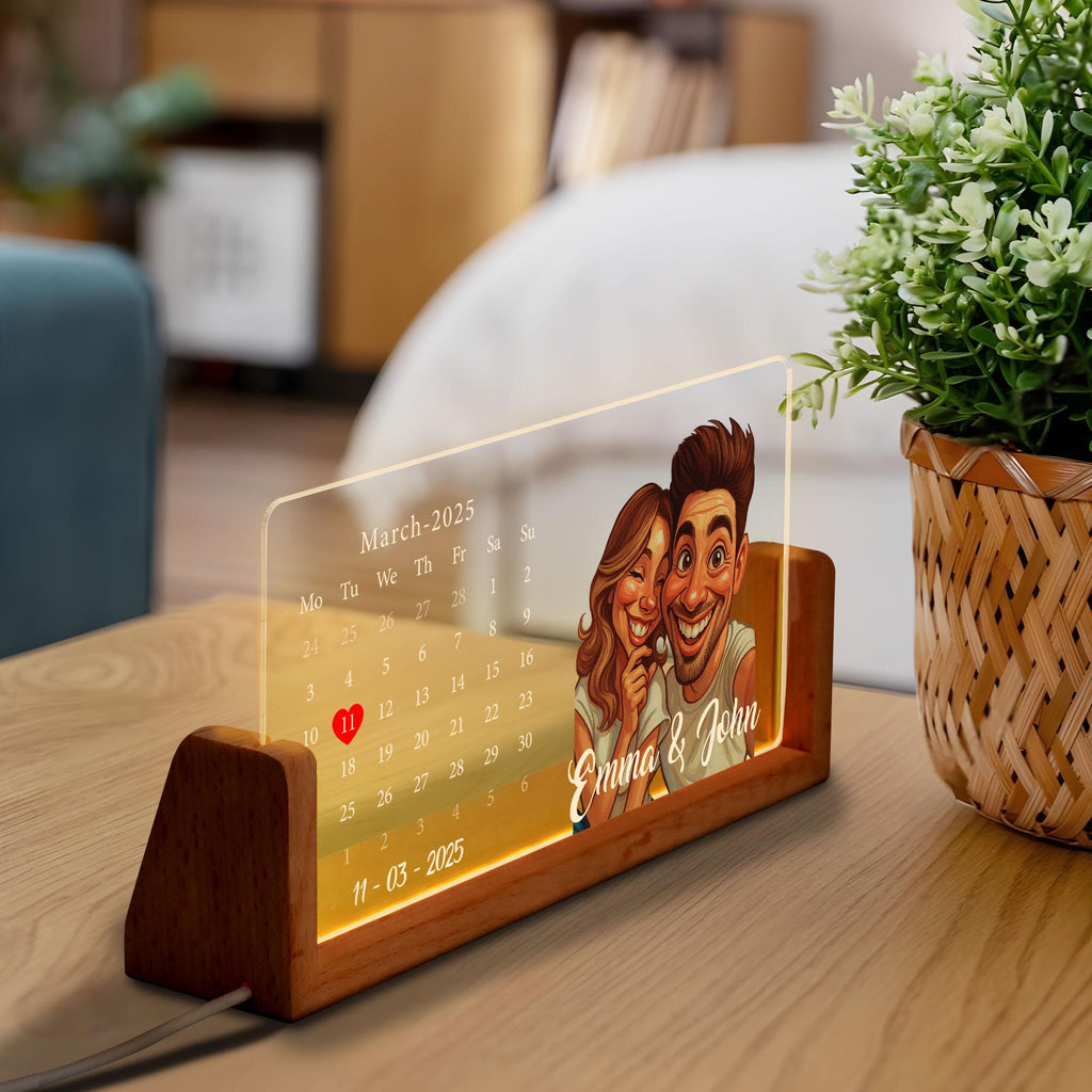Personalized Cartoon Calendar Night Light with Couple Portrait, Night Light Wedding Gift, Custom Anniversary Date LED...