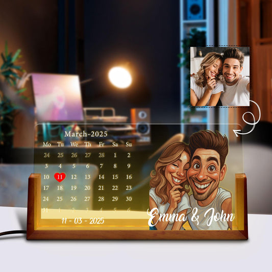 Personalized Cartoon Calendar Night Light with Couple Portrait, Night Light Wedding Gift, Custom Anniversary Date LED...